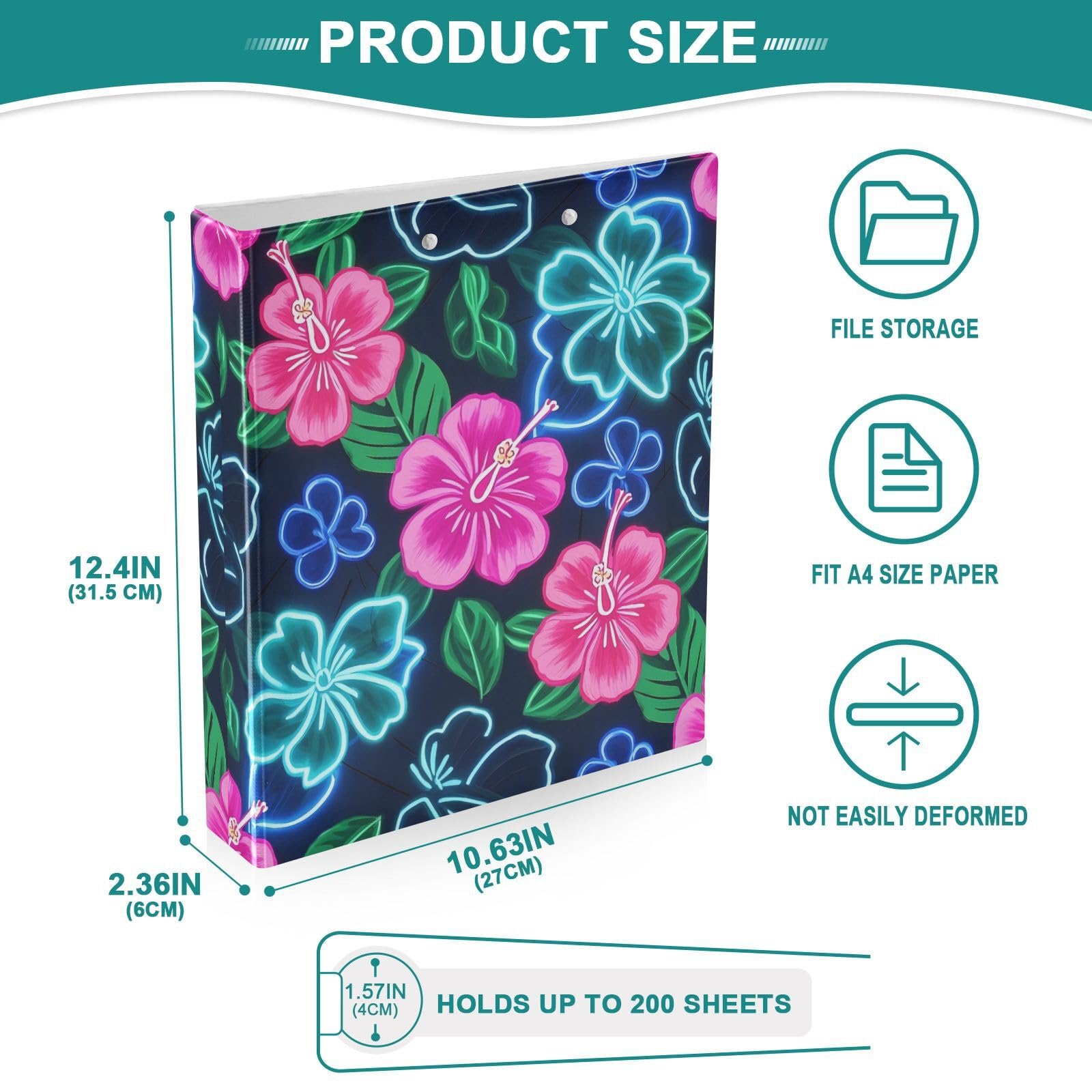 Summer Neon Hibiscus Frangipani Flower 3,8 cm Raccoglitori ad anelli a D con tasche, confezione da 2 raccoglitori estetici 200 fogli
