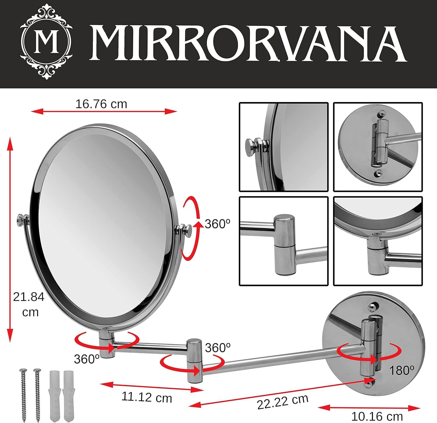 Mirrorvana Specchio ingranditore 5X e 1X da parete per bagno - rotazione a 360°, specchio trucco 17 x 22 cm (cromato)