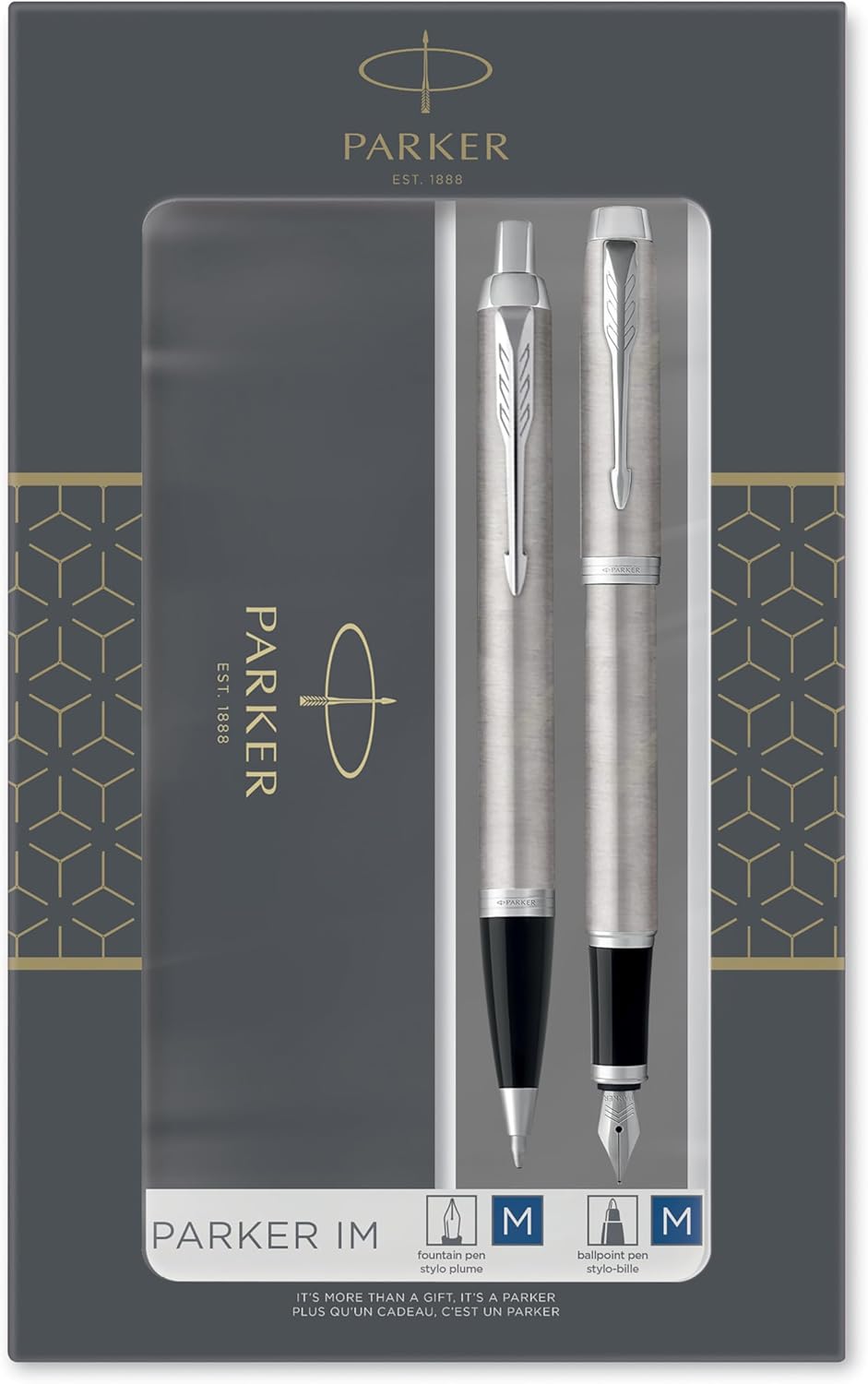 Parker IM Duo Gift Set with Ballpoint Pen & Fountain Pen | Stainless Steel Chrome Trim | Blue Ink Refill & Cartridge | Gift Packaging