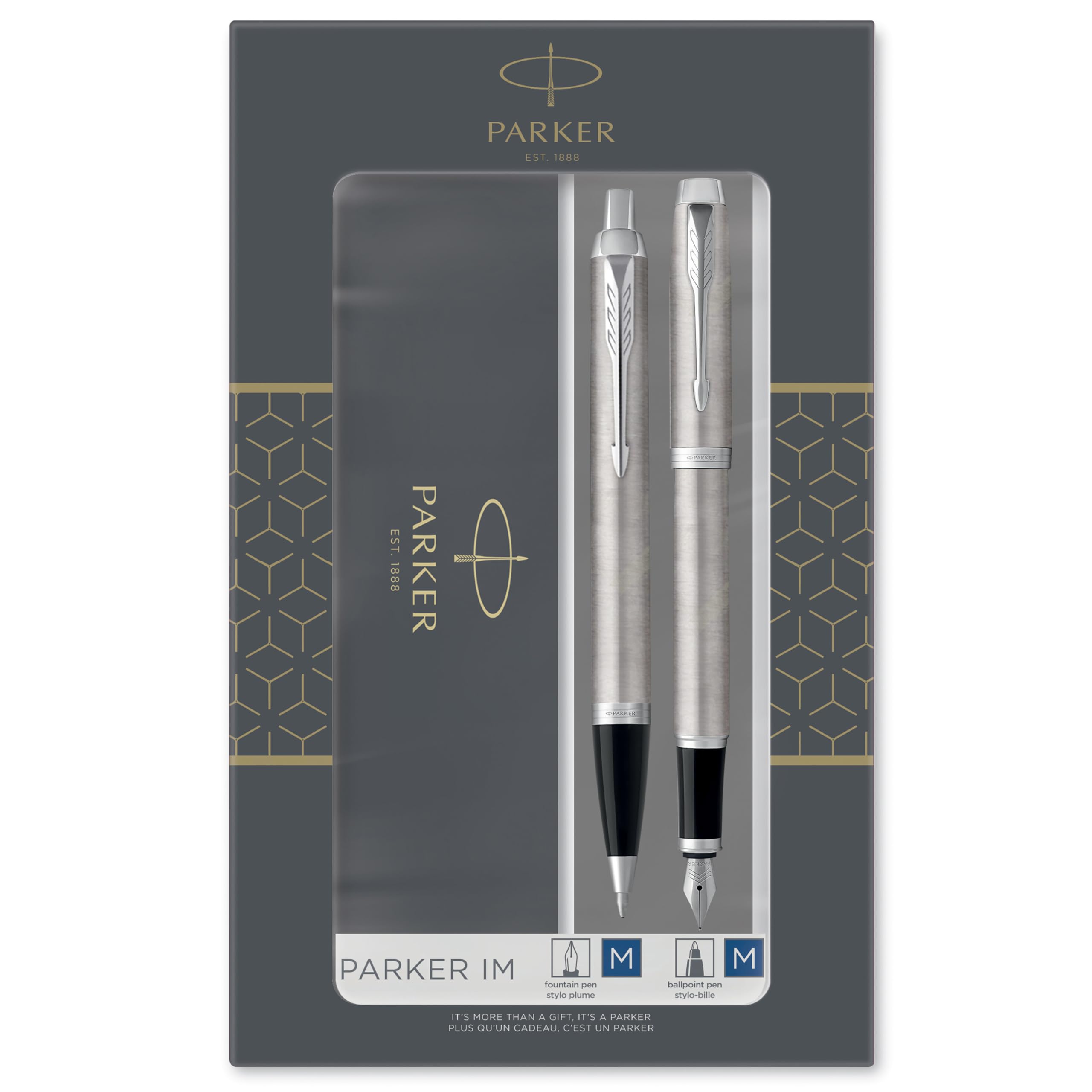 IM Duo Gift Set with Ballpoint Pen & Fountain Pen | Stainless Steel Chrome Trim | Blue Ink Refill & Cartridge | Gift Packaging