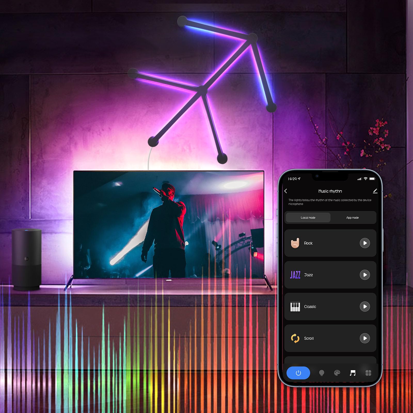 elice Luces de pared inteligentes Wi-Fi, 6 piezas, sincronización musical, multicolor, más de 40 escenas dinámicas, funciona con Alexa y el Asistente de Google, barra de luz LED para decoración del