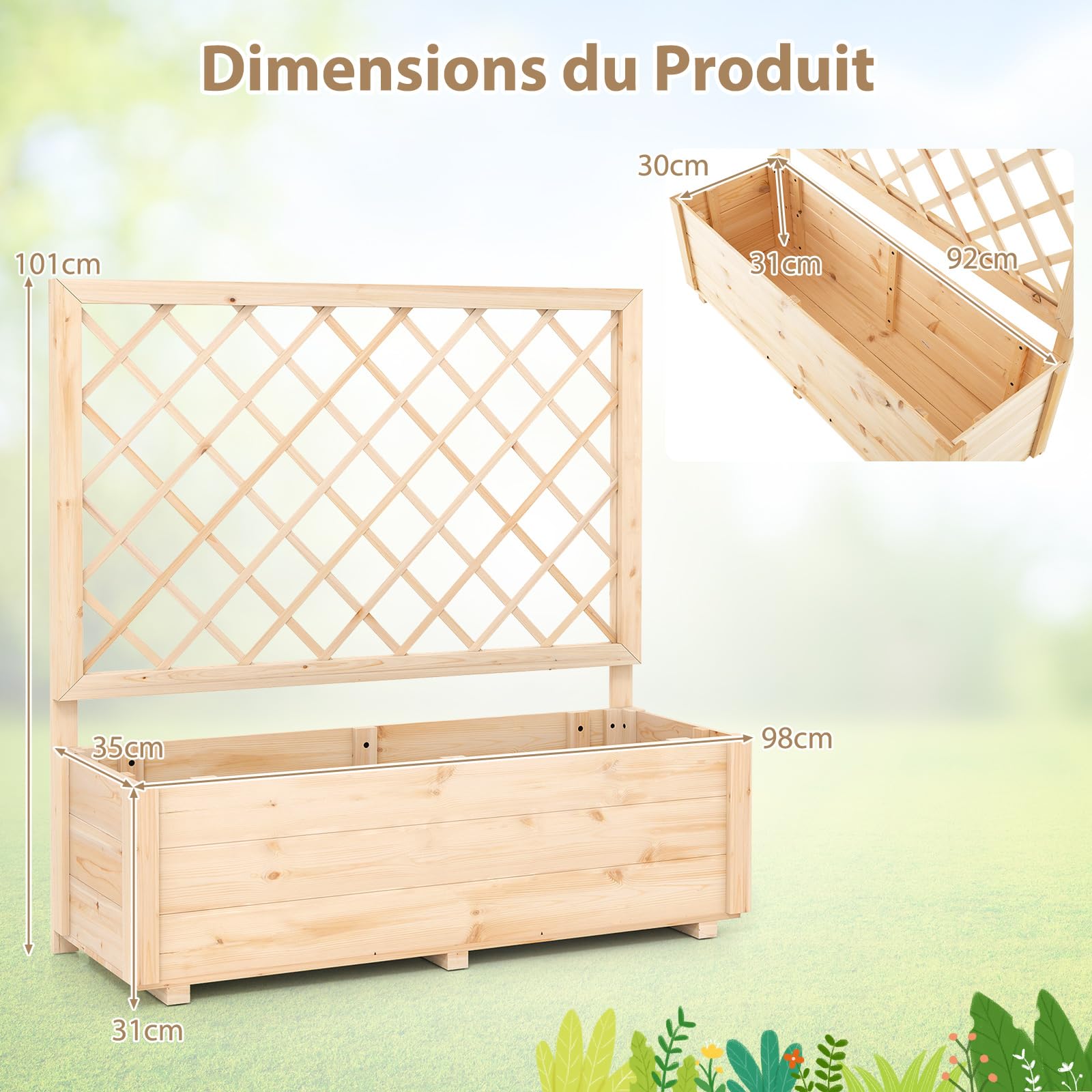 COSTWAY Jardinière Surélevée avec Treillis en Bois de Sapin avec Trou de Drainage, Bac à Fleurs pour Plante Grimpante Vigne, Lit de Jardin Intérieur/Extérieur, Naturel (98 x 35 x 101 cm)