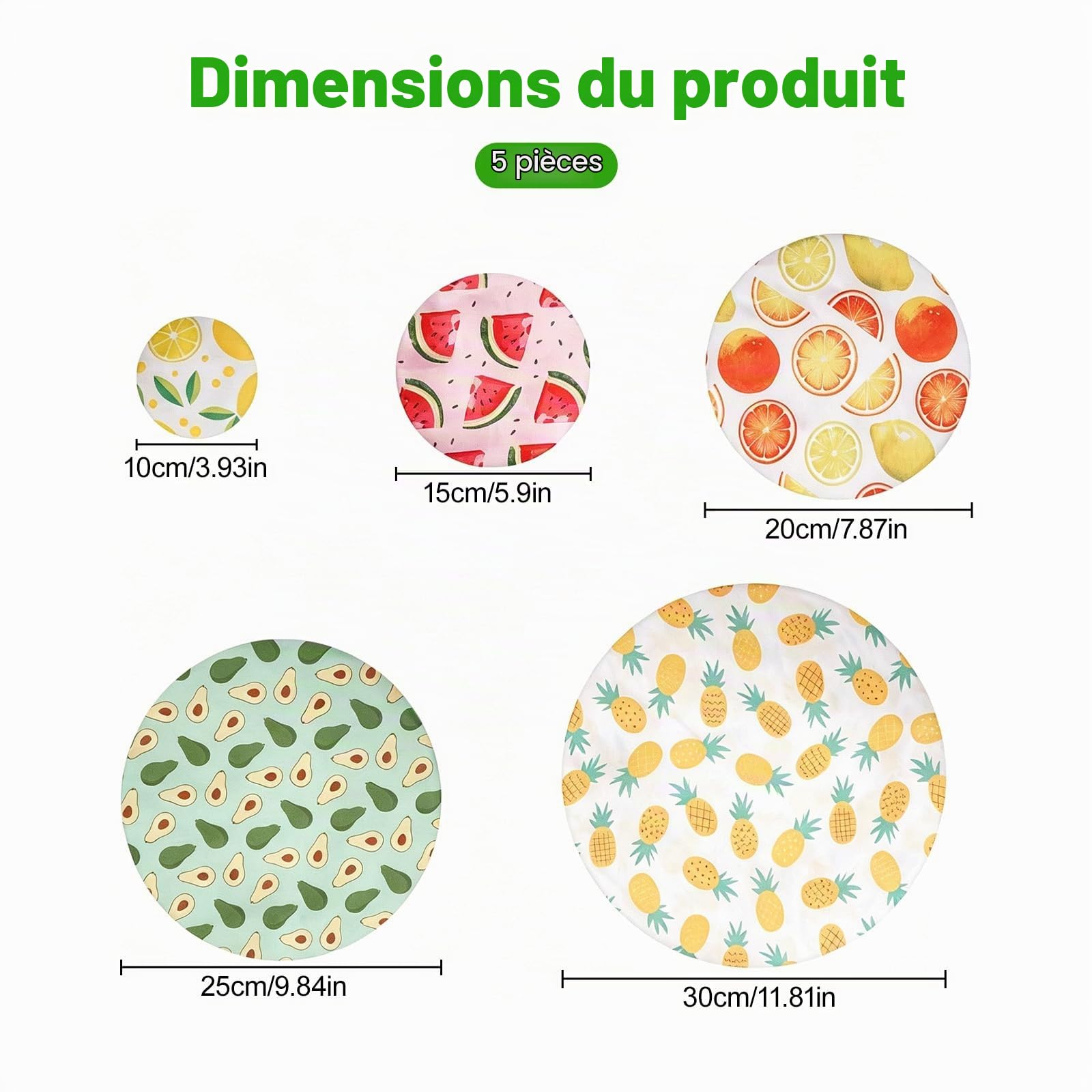Lot de 5 housses de protection alimentaires en coton, réutilisables, avec élastique, convient pour 10, 15, 20, 25, 30 cm, imperméables, pour panier de fermentation, bols, casseroles