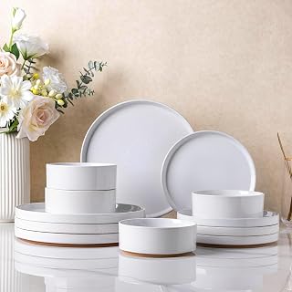 Ceramic Dinnerware Set for 4 | Speckled Stoneware Plates and Bowls with unglazed terracotta | Scratch Resistant, Dishwasher & Microwave Safe Dishes Sets- 12-Pcs Milk White