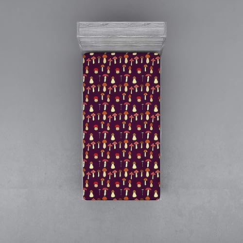 Miniatura 2 de Ambesonne Sábana bajera ajustable de hongos, diseño abstracto de rebozuelos Amanita Muscaria Porcini y champignon, funda de cama con bolsillo