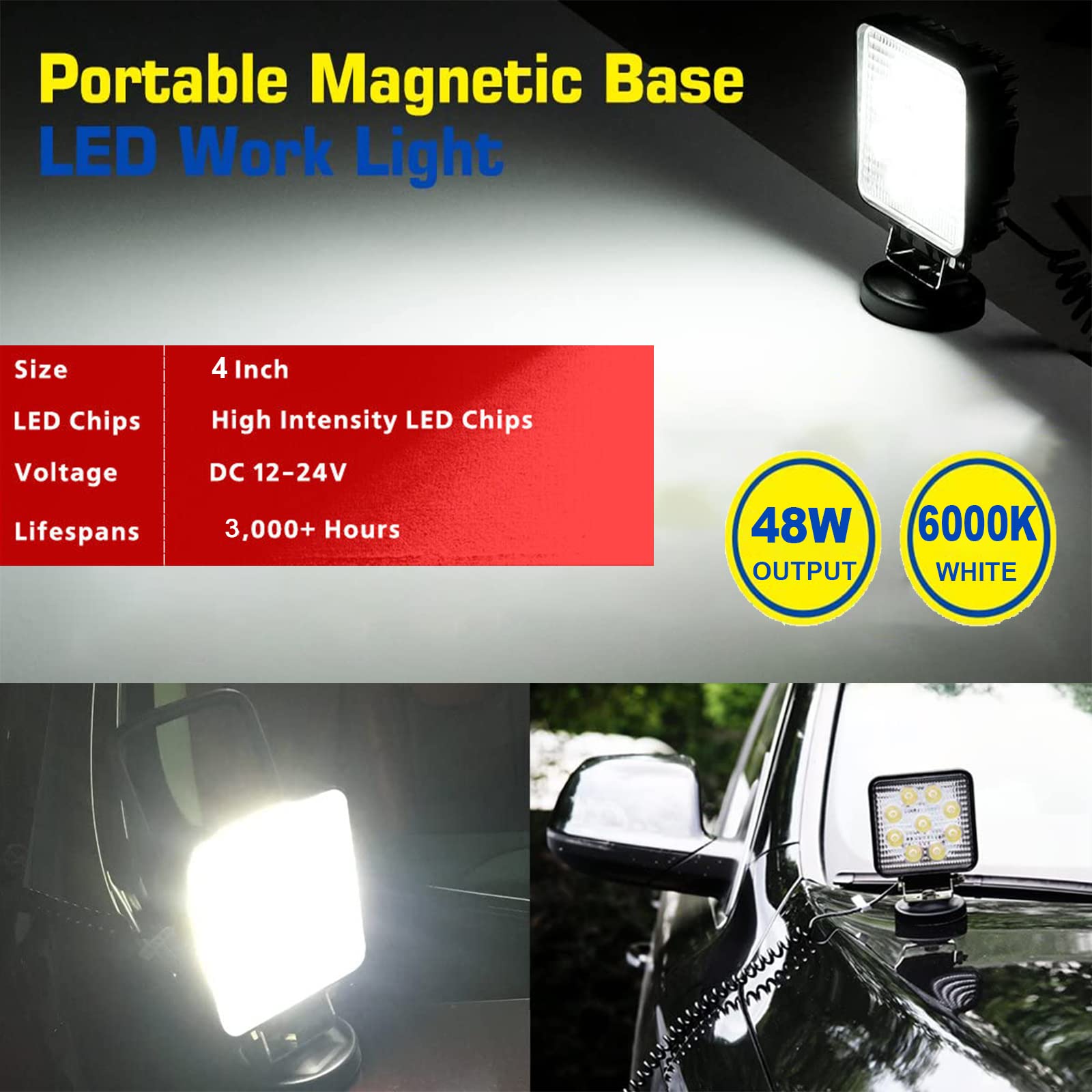 PICAA Przenośna lampa robocza LED z magnetyczną podstawą kwadratową, 10 cm 48W wiązka zalewowa, 6000K biała 12V 24V lampa przeciwmgielna do jazdy, listwy świetlne do samochodu offroad 4x4 ciężarówki