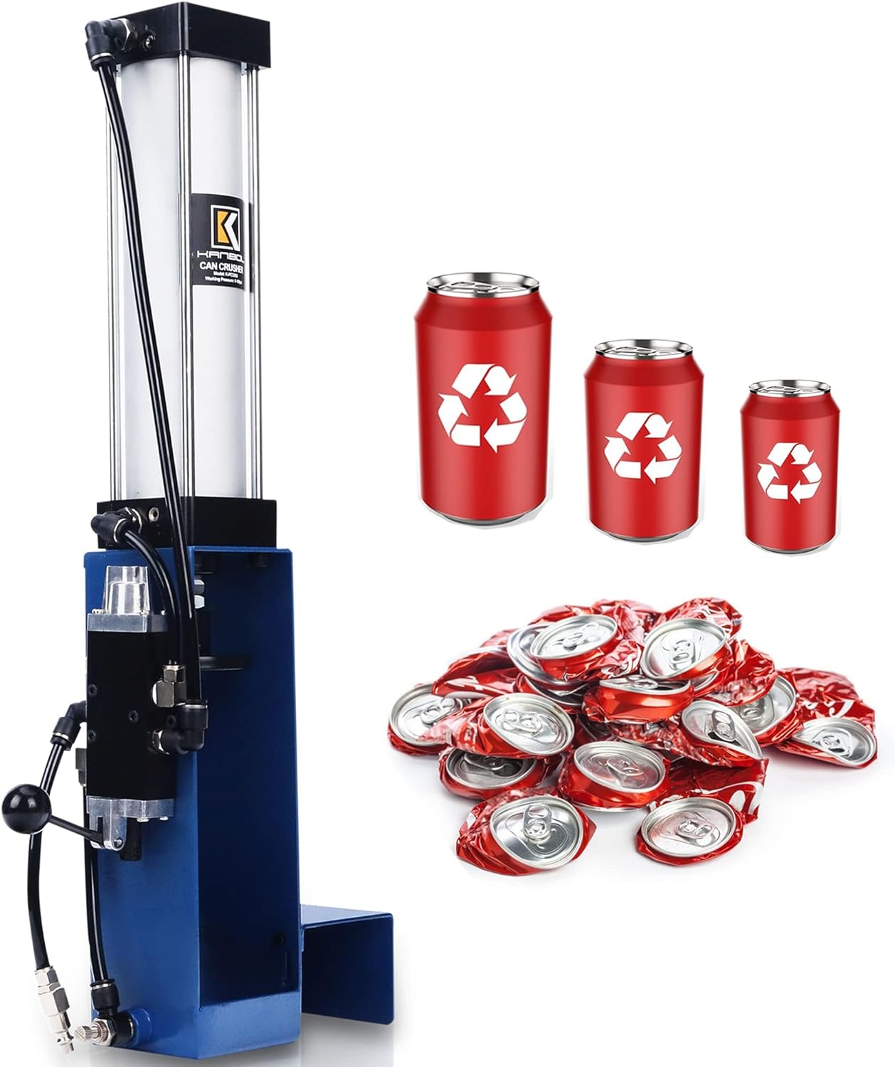 Pneumatic Can Crusher, Air Powered Aluminum Can Crusher with Heavy Duty Mechanical Lever for 12/16/24oz Soda & Beer Cans – Series 335 Durable Recycling Tool for Garage & Workshop-Blue