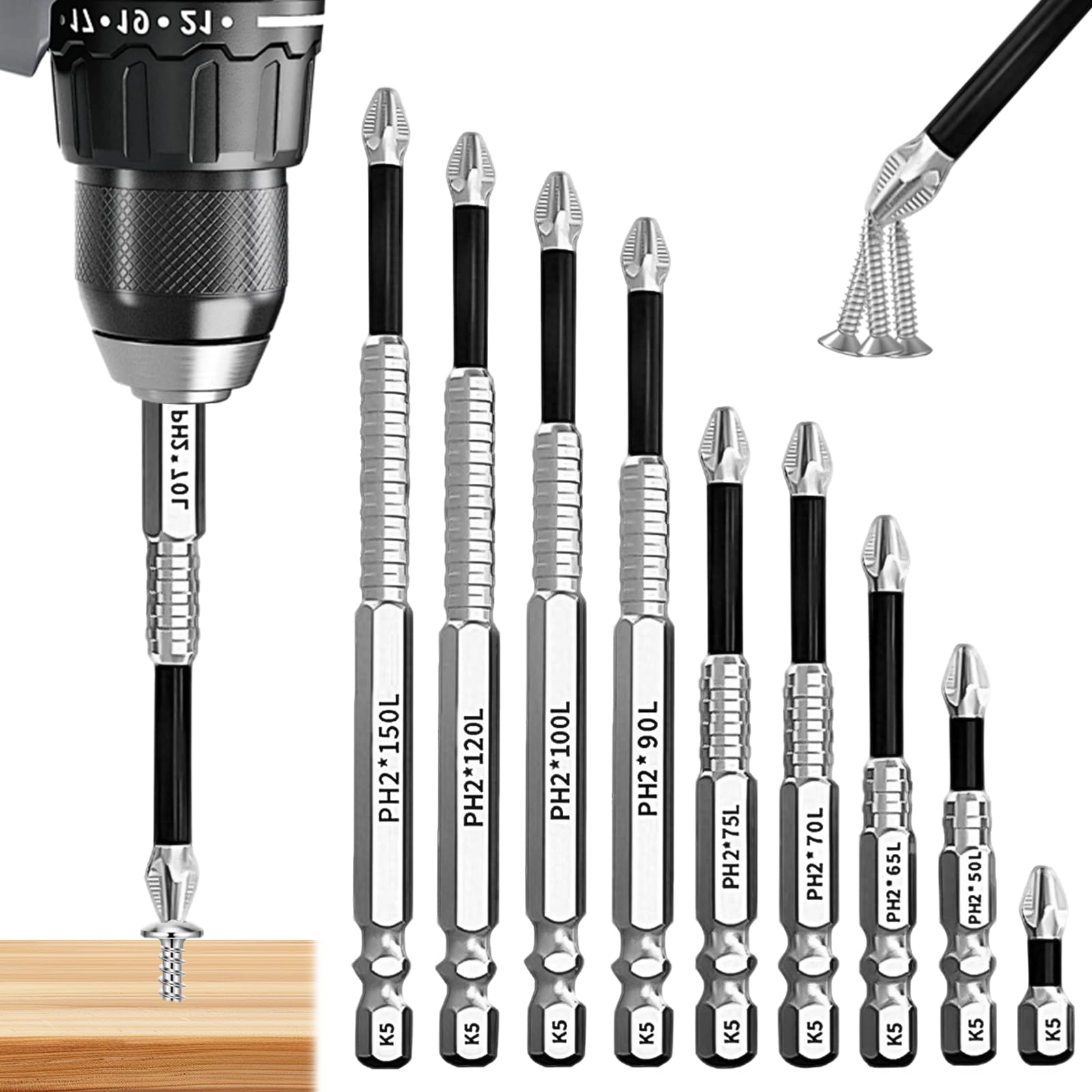 Olrwslg 9 Pcs High Magnetic Screwdriver Drill Bits Set, 25-150Mm Anti Slip Electric Screwdriver Strong Grip Professional Driver Compatible With Drills In 9 Sizes 25L 50L 65L 70L 75L 90L 100L 120L 150L