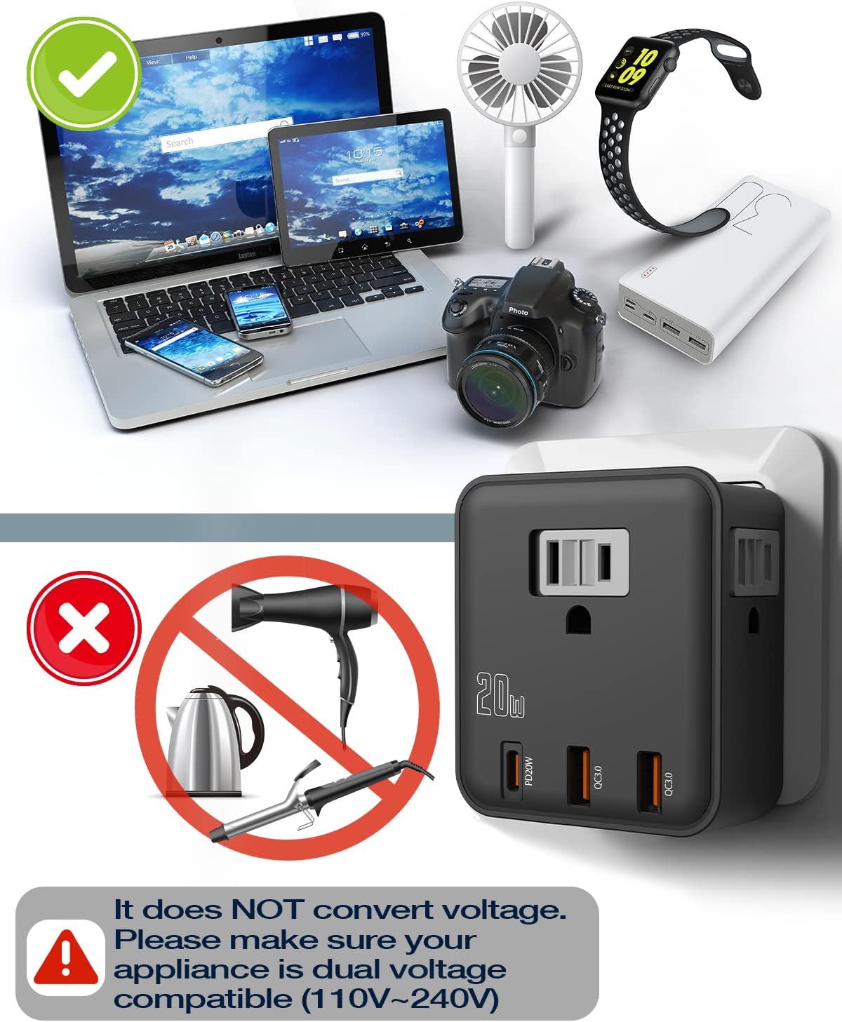 Warning image showing incompatible appliances like kettles and hair dryers, emphasizing that the adapter is not a voltage converter.