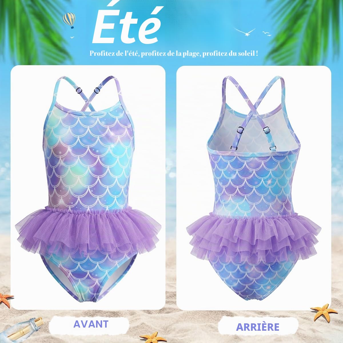 Maillot de Bain pour Fille, Sirène Maillot de Bain Une Pièce 4-en-1, Lunettes de Soleil, Bonnets et Tatouages Temporaires, Bretelles Réglables, Swimsuit Parfait pour Vacances d'Été