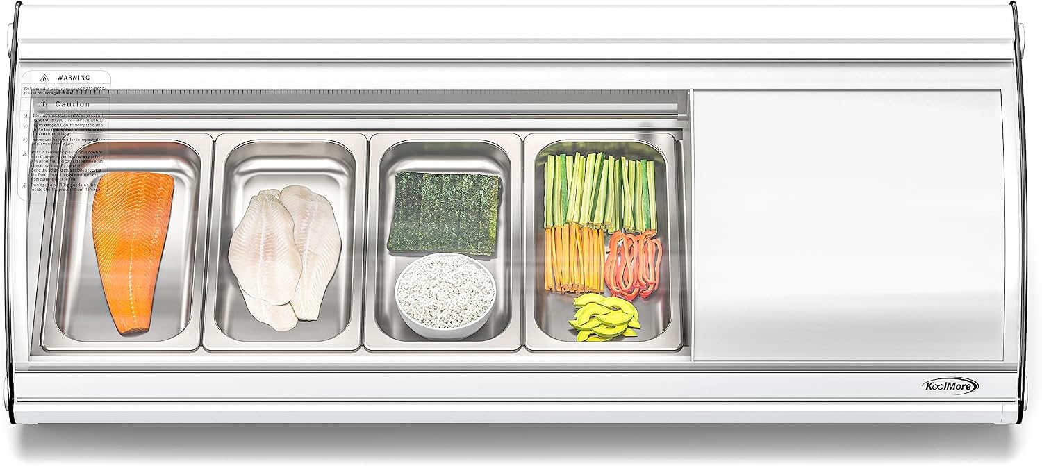 KoolMore 46 in. Glass Sushi Display Case Refrigerator ETL Listed with Stainless Steel Trays, Countertop Storage with Rear Access, Temperature Control, and LED Lighting in White (KM-SR46-WH)