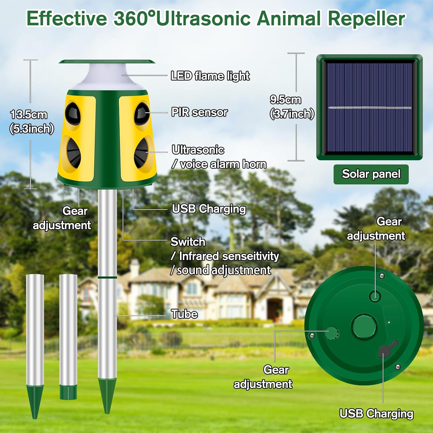 Solar Powered Deer Repellent,360° Ultrasonic Raccoon Repeller,Cat Repellent Outdoor,Squirrels Repellent with Motion Sensor & Flashing Light,Waterproof Solar Animal Repeller,Repel,Deer,Rabbit,Raccoon
