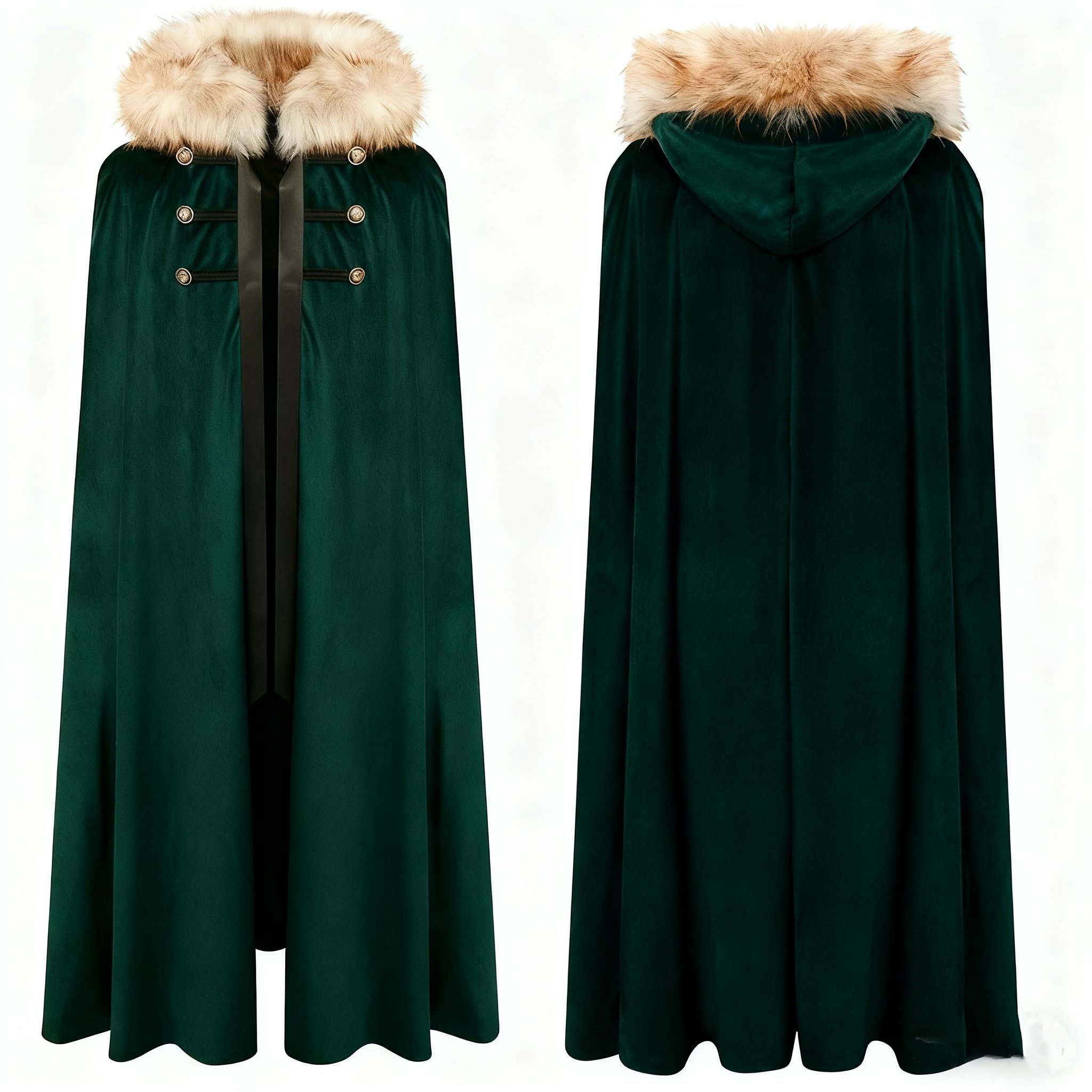 Limqer Unisex Medieval Viking faux fur collar cloak with hood Kings cloak Victorian cape Renaissance Steampunk costume, Green, Large