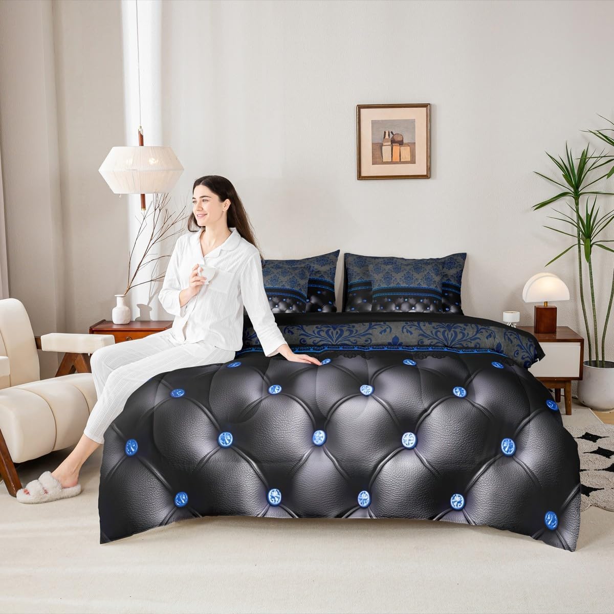 Blue Damask Bed in a Bag King Size Comforter Set 7-Piece,Luxury Black Diamond Texture Pattern Bohemian Bedding Sets Antique Decor Gothic Vintage Floral Comforter and Sheet Set, Boho Baroque Room Decor