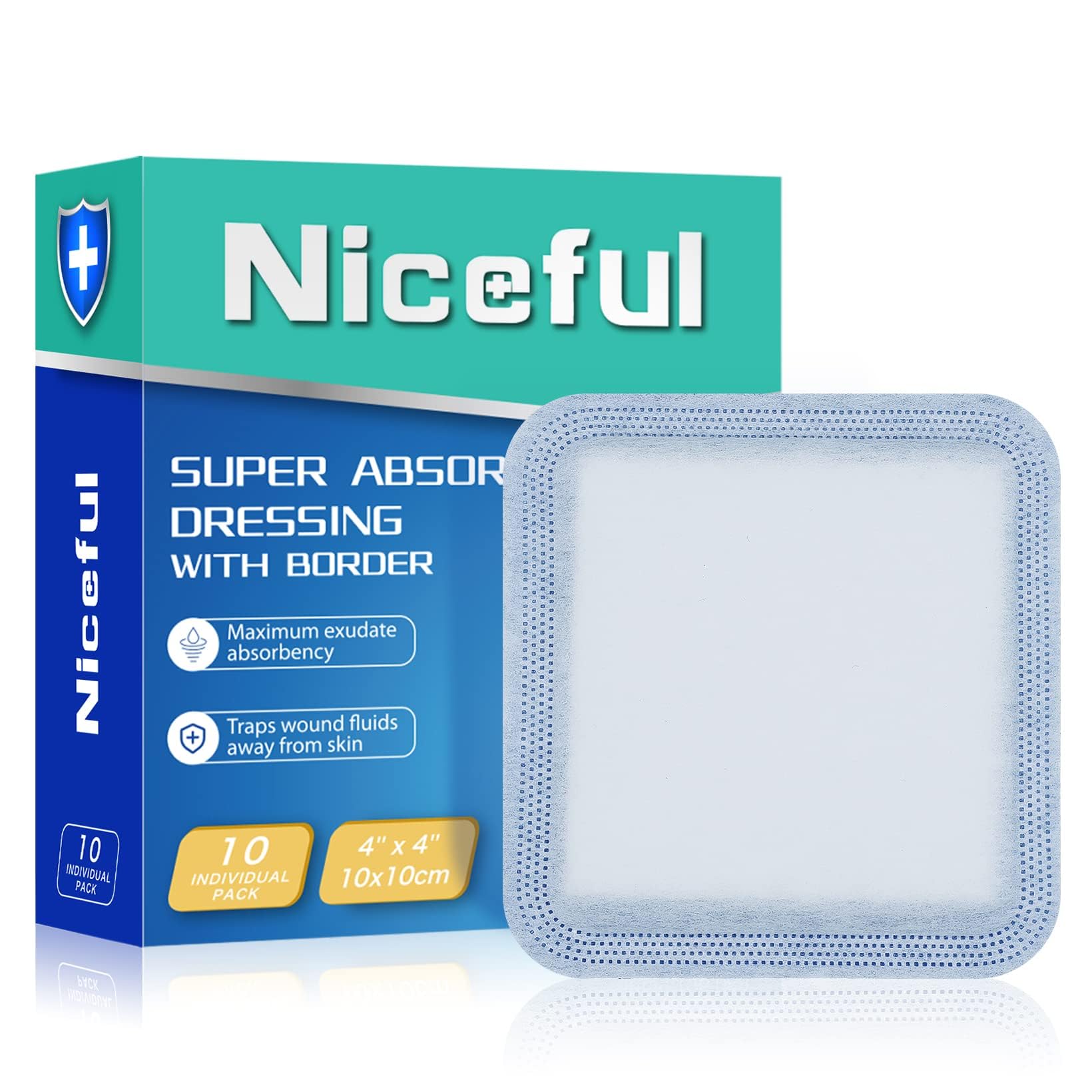 10 Count Super Absorbent Dressing Pads 4"x 4" - Non Stick Gauze Pads for Wound Care, Wound Bandages for Pressure Ulcers, Bedsores & Exudate Management
