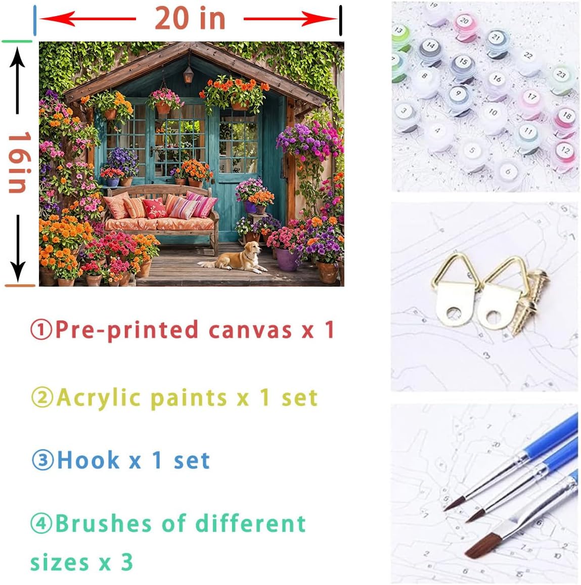Flower House Paint by Numbers Kit for Adults Garden Adult Paint by Number Kits On Canvas Dog Village Oil Painting Kit for Beginners Adults' Paint-by-Number Kits for Gift Home Wall Decor 16x20 Inch