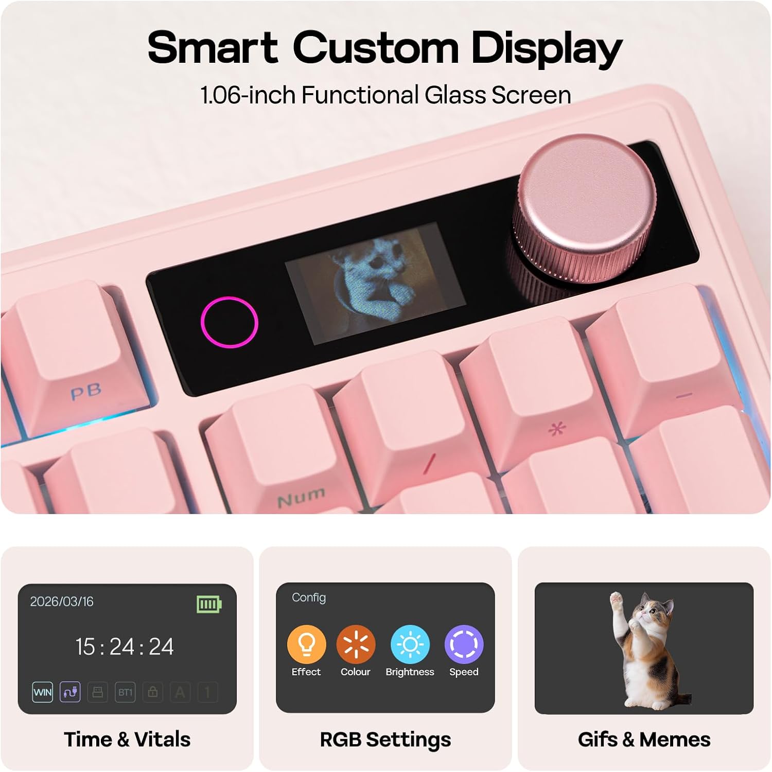 EPOMAKER TH108 V2 PRO Full Size Mechanical Keyboard with Screen&Knob, 10000mAh, BT/2.4Ghz, Mac Modifier PBT Keycap, Hot Swap, RGB, Gasket, Wireless Gaming Keyboard for Mac/PC (Pink, Creamy Jade)