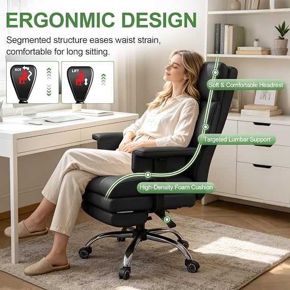 Office Chair Comfortable Executive Desk Chair with Foot Rest, Adjustable Height Home Computer Chair High Back Gaming Chair Leather Swivel Rolling Work Chairs, Black