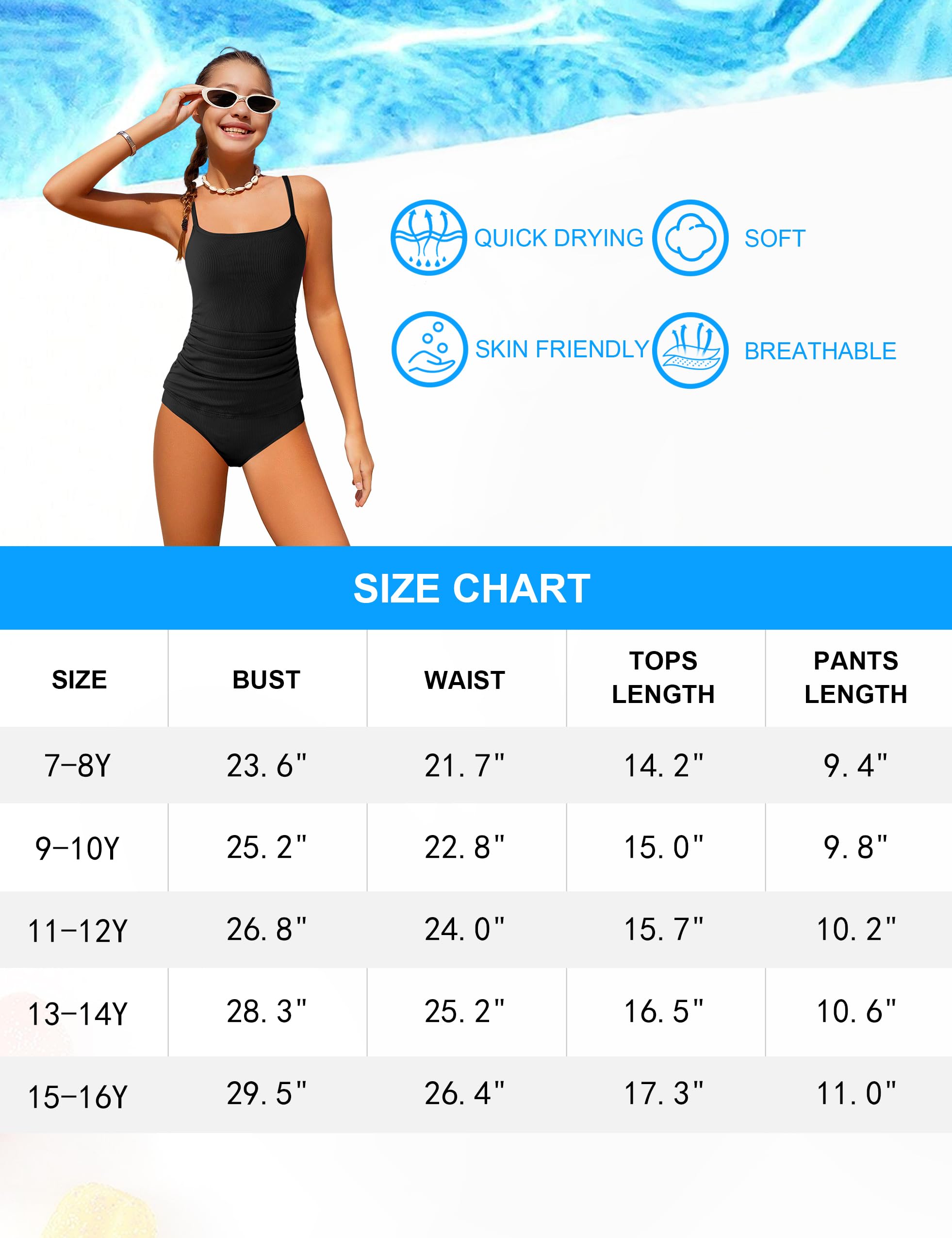 CRISONE Traje de baño de 2 piezas para niñas, tankini torcido, fruncido, estampado tropical, traje de baño para niñas de 9 a 16 años