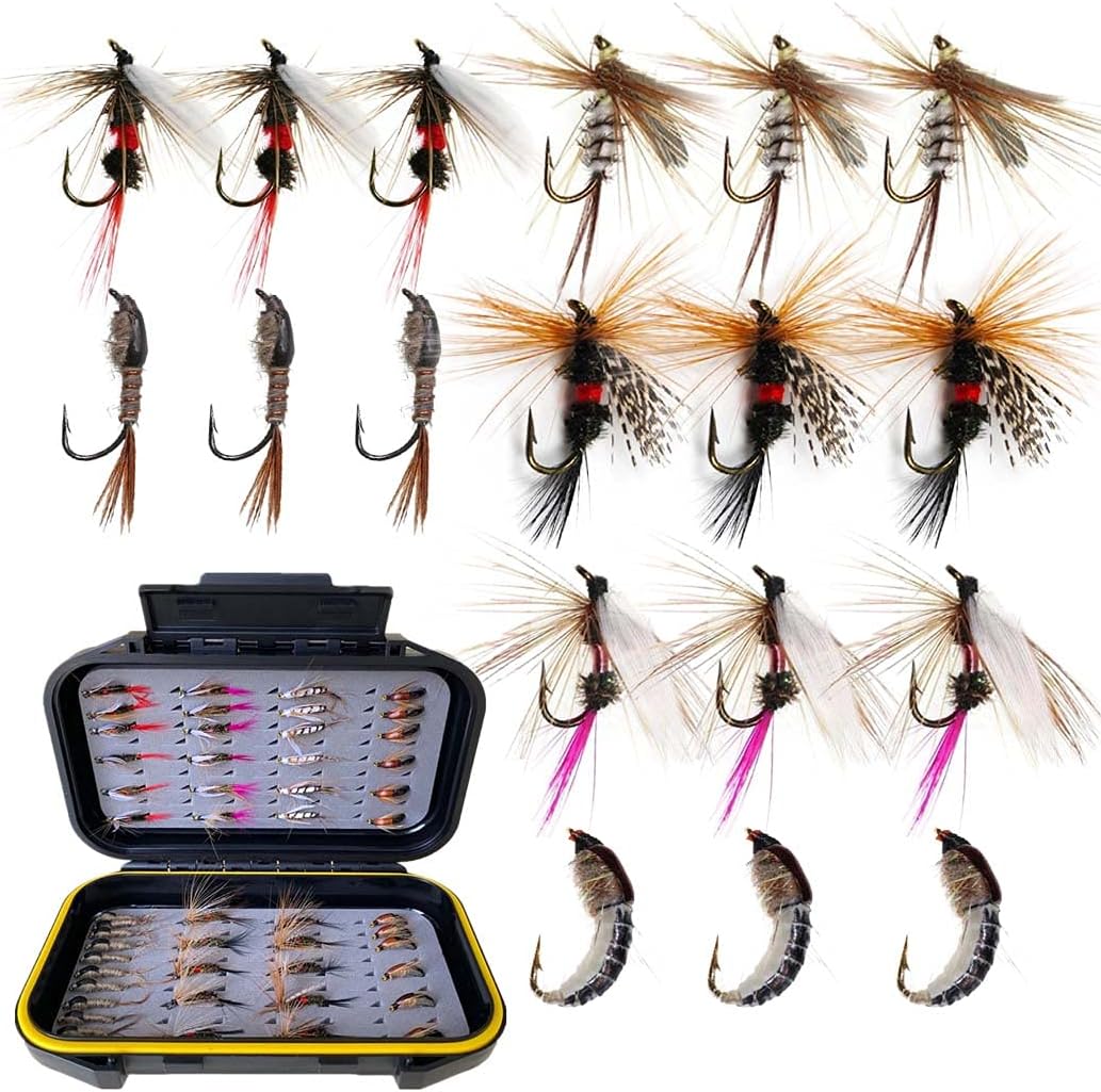 Fly Fishing Flies Kit, 50Pcs Handmade Fly Fishing Gear with Dry/Wet Flies, Streamers, Fly Assortment Trout Bass Fishing with Fly Box (6 Mixed Styles)