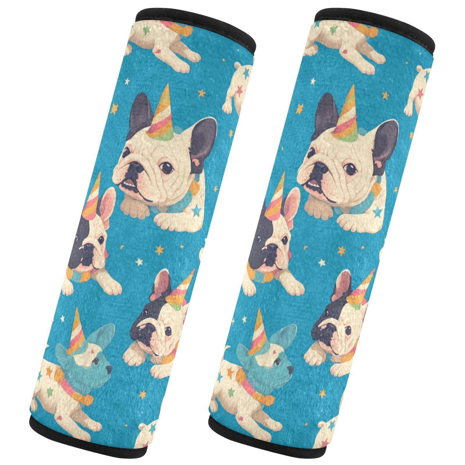 Seat Belt Covers 2 Pack Funny French Bulldogs Car Seat Strap Covers Super Soft Unicorn Horns Car Seat Neck Cover for Boys Girls Adults Babies M