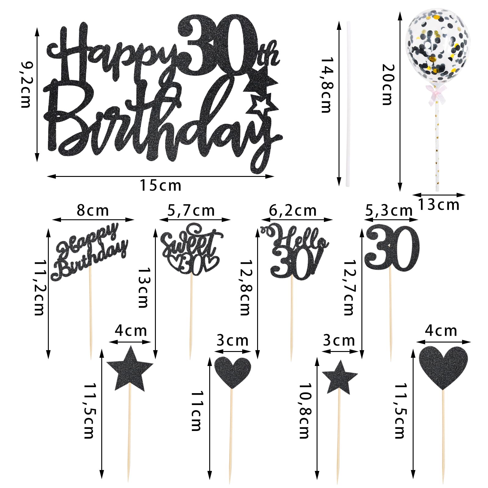 Glitzer Cupcake Toppers "Happy 30th Birthday" – Tortendeko Schwarz Mit Sternen & Herzen