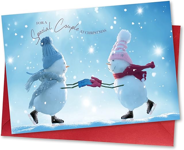 Absolutely Yours Christmas Card for a Special Couple. Skating Snowmen Design. Ecofriendly & UK Made. Verse Inside. A5 (210x148mm)