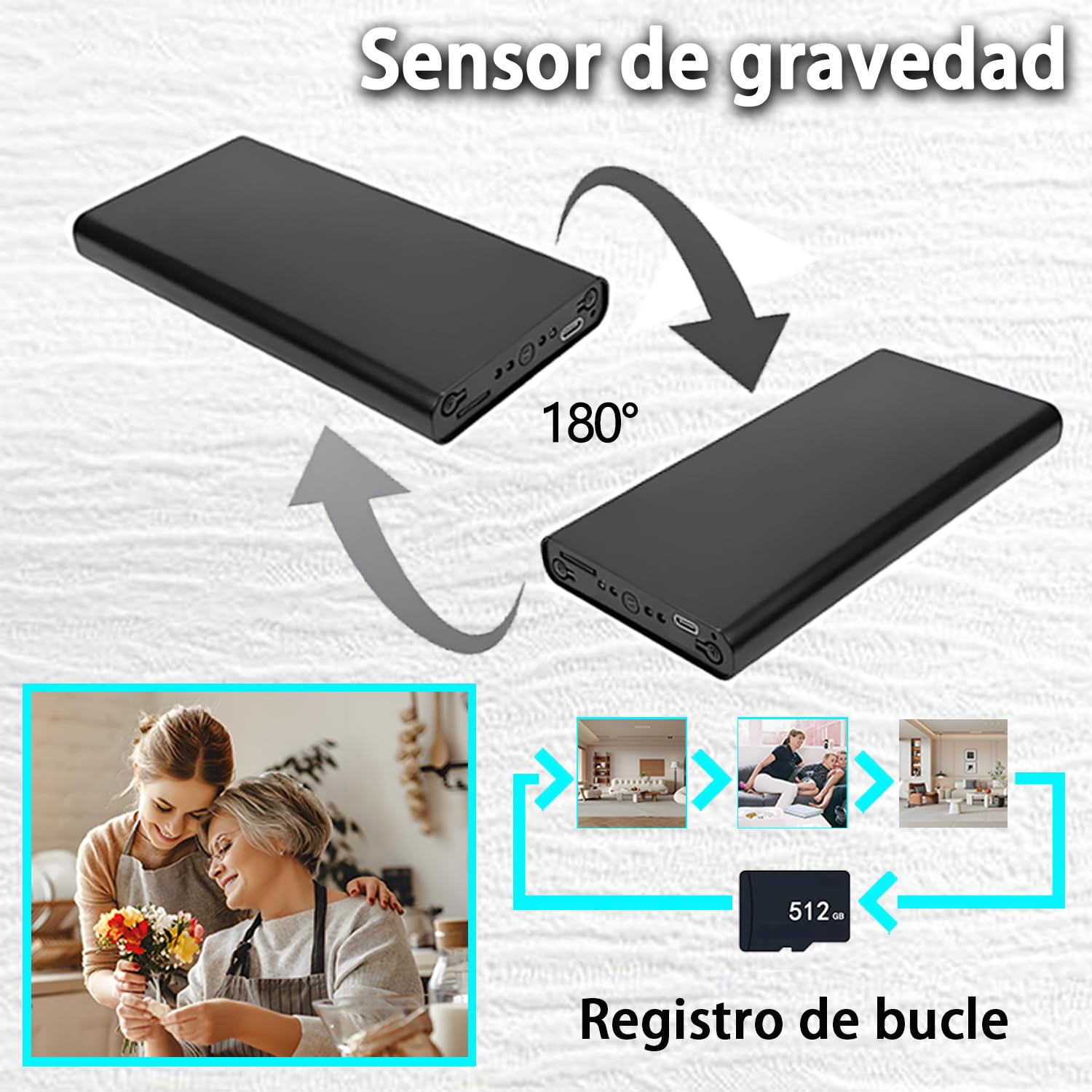 Caméra portable espion cachée, caméra de surveillance mini, caméra de sécurité chargeur portable 10 000 mAh 1080P Détection de mouvement - Vision nocturne automatique - Capteur de gravité