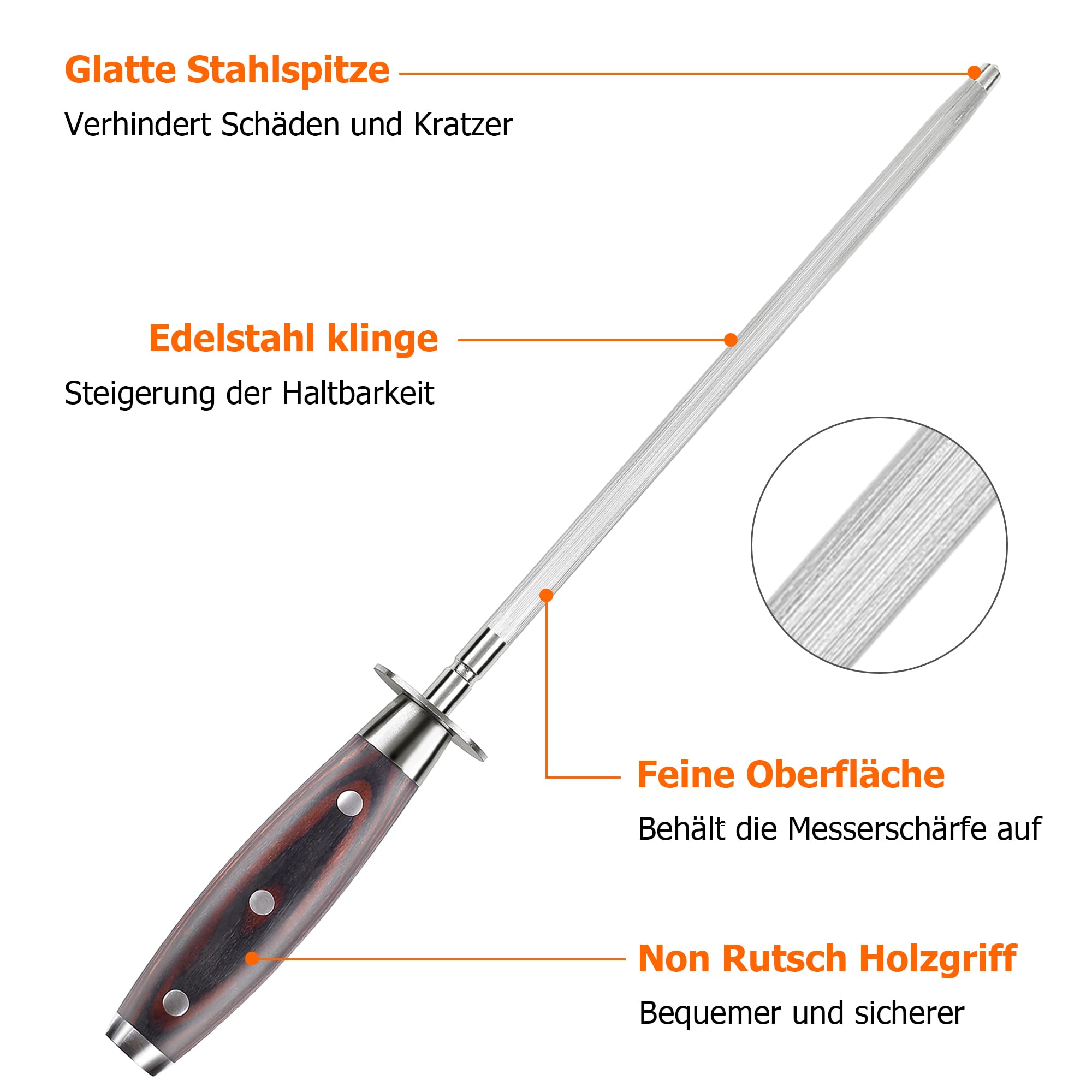 PAUDIN Razor Sharp Acier humide pour couteaux Affûter 25 cm, acier trempé, meuleuse à couteau de haute qualité avec poignée en bois ergonomique pour des anneaux précis et une netteté longue durée