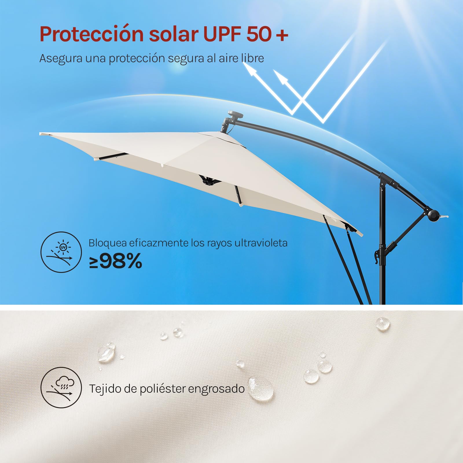 WOLTU Sombrilla de Patio φ 3 m con Luz LED, Parasol Grande Giratorio 360°, Ajustable en Ángulo, Protección UPF 50+ con Bolsa, Poliéster Resistente, para Jardín y Piscina