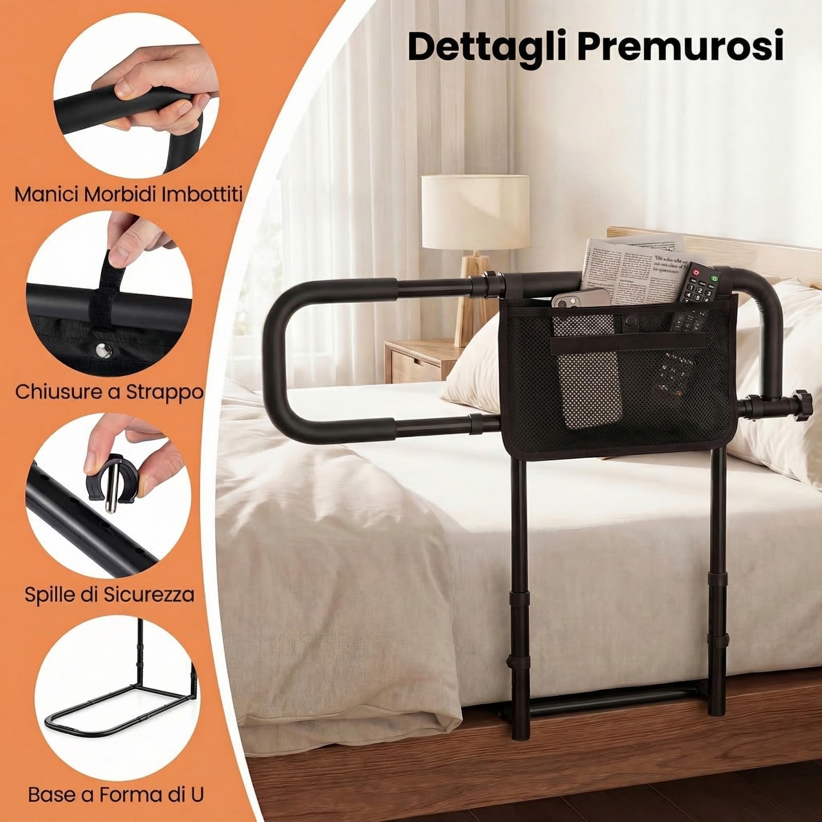 COSTWAY Sponda Letto Anziani Regolabile e Pieghevole, Altezza/Larghezza Aggiustabile, Tasca Rimovibile, Maniglie Imbottite e Base a U, Adatto a Letti King/Queen, Supporto fino a 136 kg (Nero)
