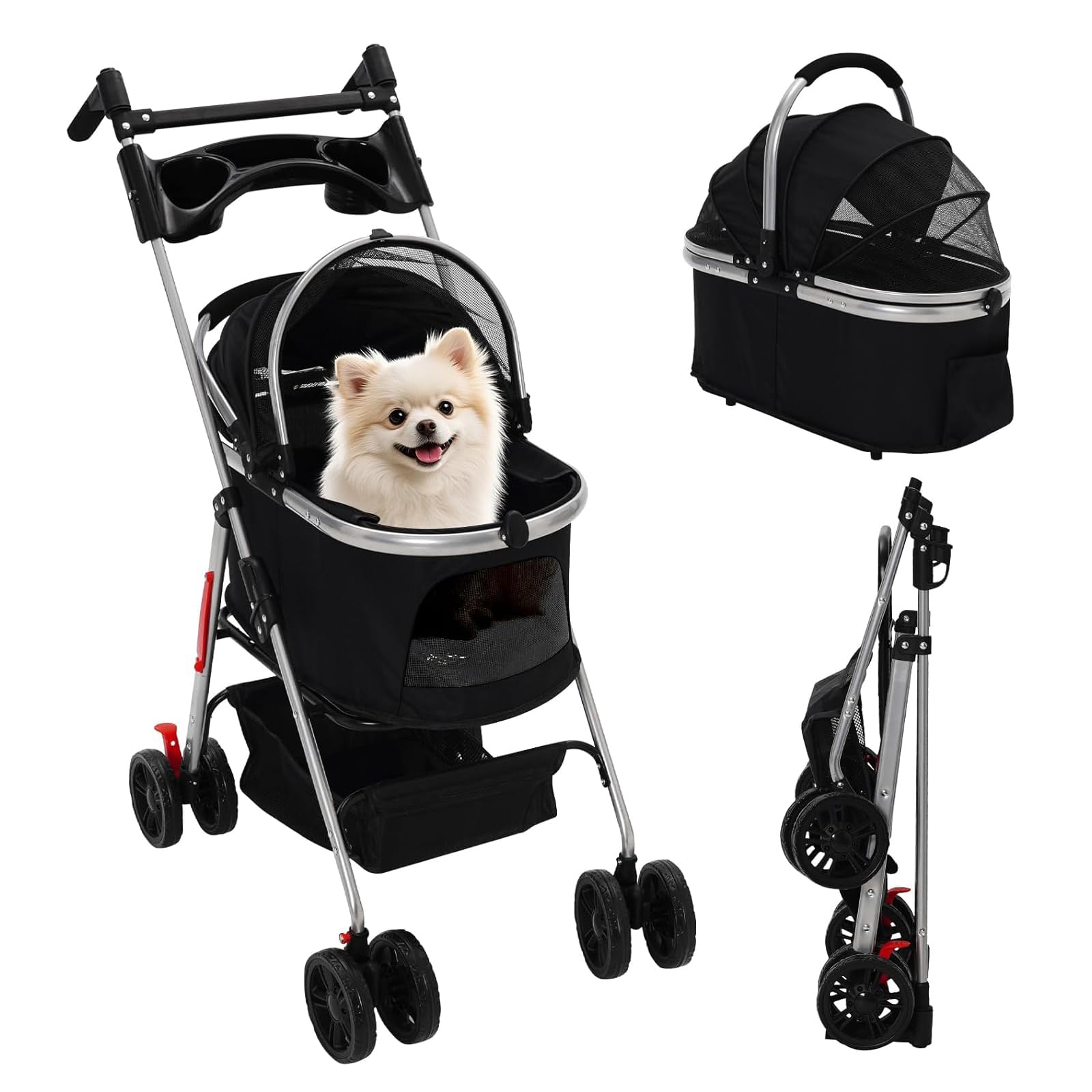 HOMCENT Passeggino 3 in 1 per cani di taglia media, passeggino pieghevole con seggiolino auto rimovibile, capacità 20 kg, ruote a 360°, manico regolabile, multi spazio per gatti e cani (nero)