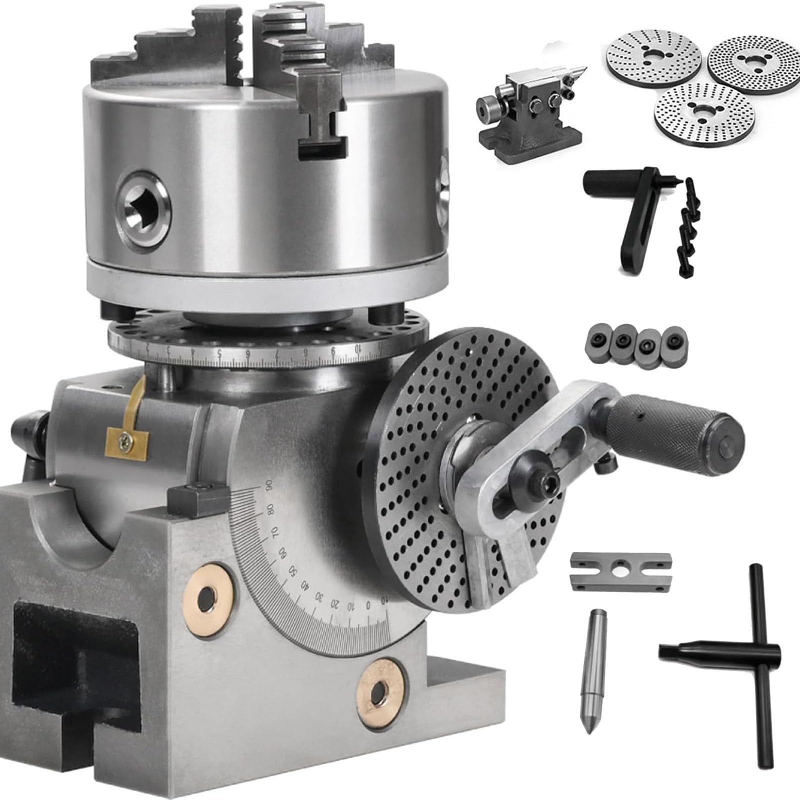 JozyJul Heavy Duty 3-Jaw Dividing Head Set For Milling,Precision Semi Universal Dividing Head, W/100/125/160mm Chuck+Tailstock, W/Precision Scale Resetting 5in/125mmchuck