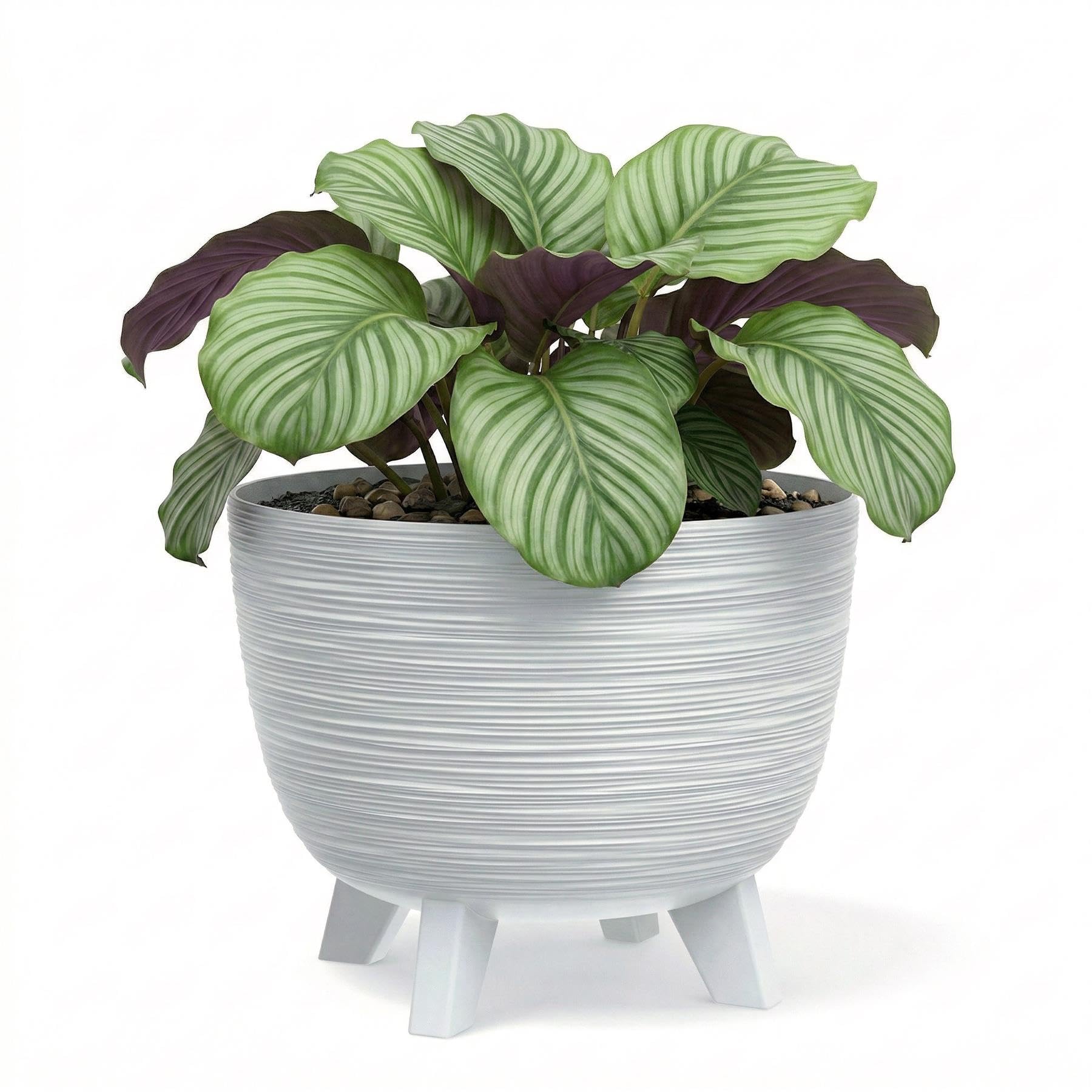 GEEZY White Plant Pot with Legs, 29 cm - Weather Resistant Indoor & Outdoor Planter - Modern Textured Flower Pot for Living Room, Garden & Patio