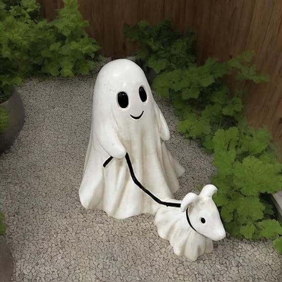 Halloween Geist Mit Hund Statue - LED Beleuchtete Garten Deko
