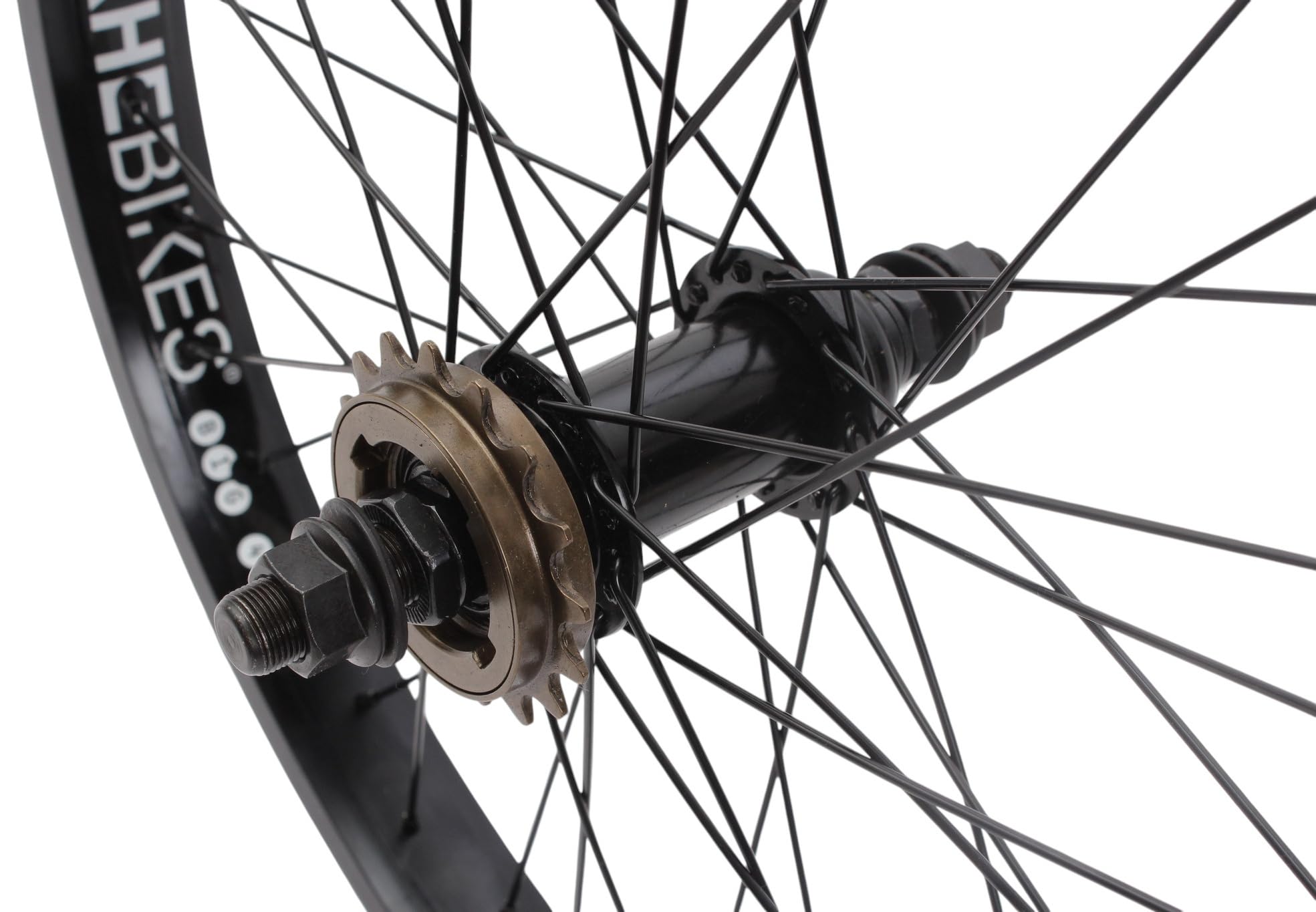 KHE Prism BMX tylne koło 20", czarne, oś 14 mm, zębatka 16T, 36H – 7005, aluminiowa felga 38 mm, rower biegowy BMX z tyłu