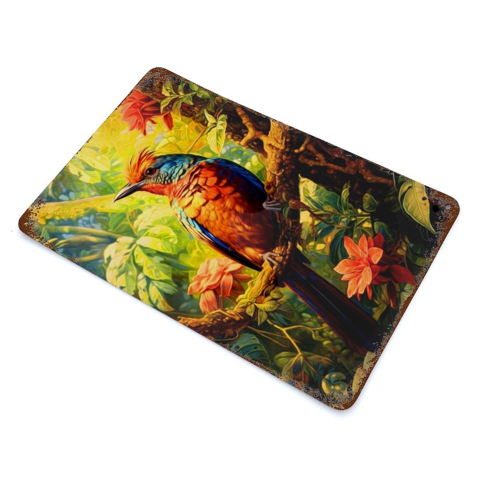 Decorative Tin Sign with Colorful Bird Design 11.8"x7.9", for Garage, Bar And Workshop Decor, Farmhouse Wall Decor