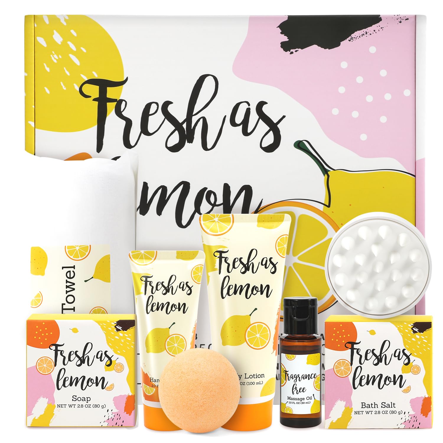 BFFLOVE 8pc Lemon Bath Set for Women Spa Baskets with Bath Bomb, Massage oil, Towel, Valentines Day Gifts for Women Birthday Presents for Her