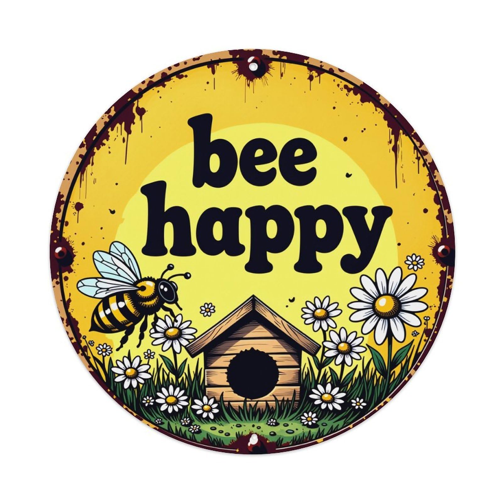 Bee Happy Garden Sign Art Round Tin Sign Vintage Metal Poster, Home Bar Garage Man Cave Cafe Indoor & Outdoor Wall Decoration 8x8Inches