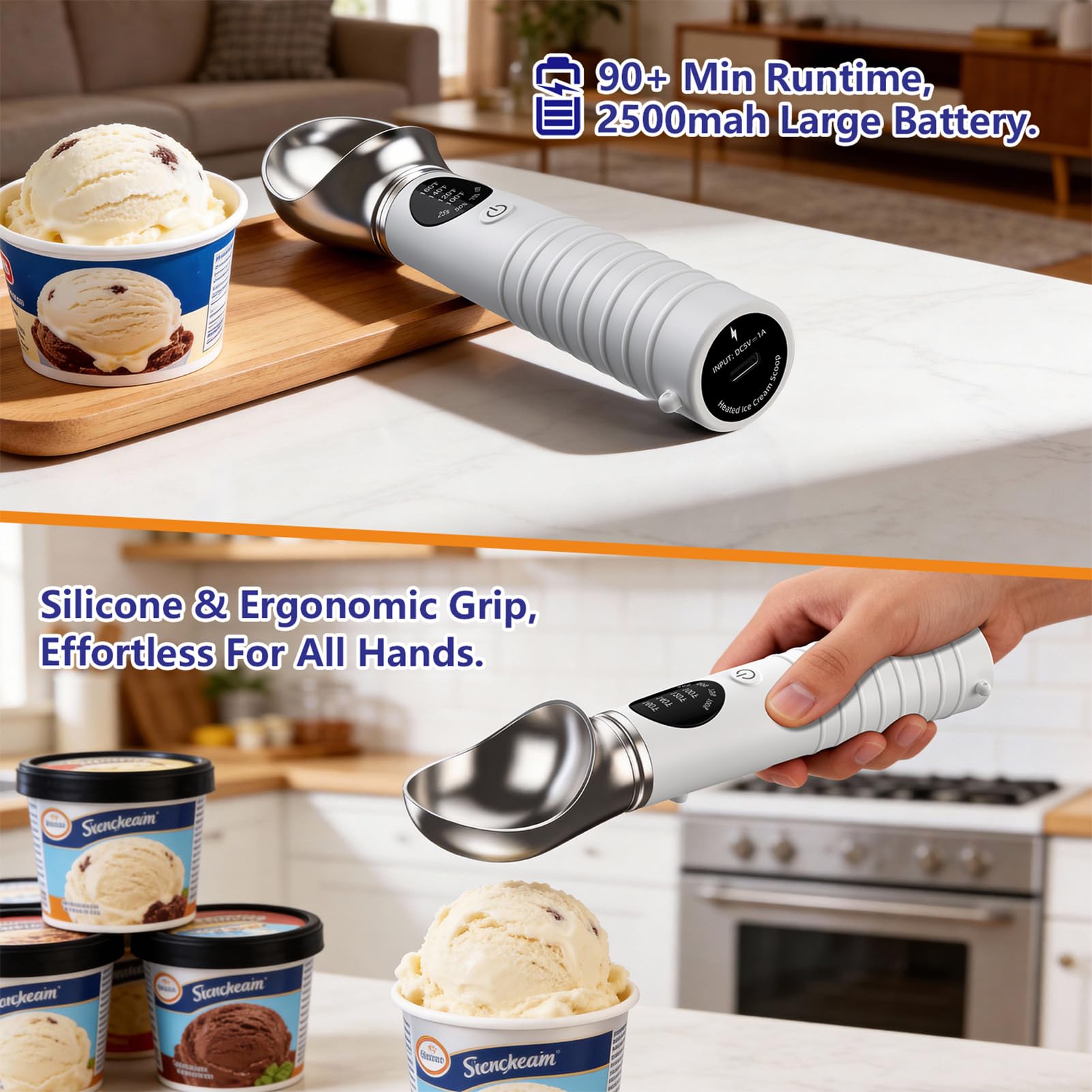 Paletta Gelato Riscaldante, Cucchiaio Gelato Riscaldato, Paletta Gelato con display a LED, Spallinatore Gelato con 3 livelli, Ricaricabile, per Gelato duro e Altro (Bianco)