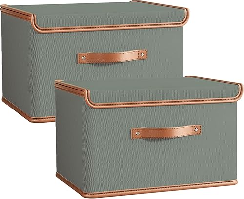 Tuza Paquete de 2 contenedores de almacenamiento con tapas, contenedor organizador plegable de armario, caja organizadora de tela con asas, cajas de
