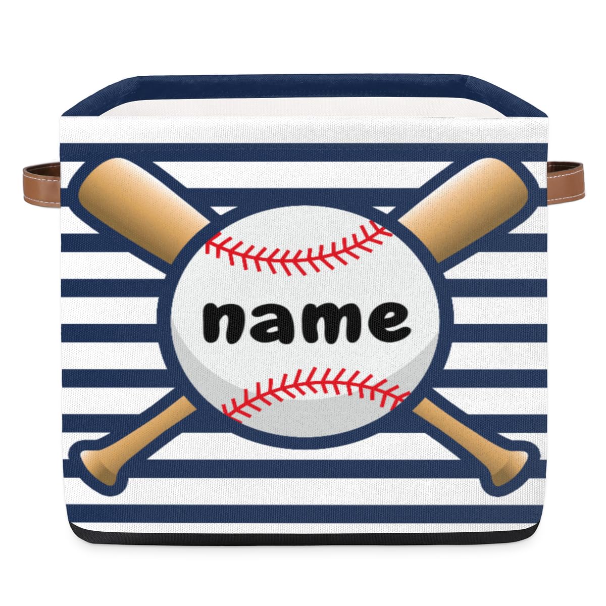 OMFUNS Sport Baseball Personalized Storage Basket 13x13 Blue Stripe Custom Collapsible Cube Storage Bin Fabric Storage Box Organizing for Closet Shelf Home Nursery Toy Basket