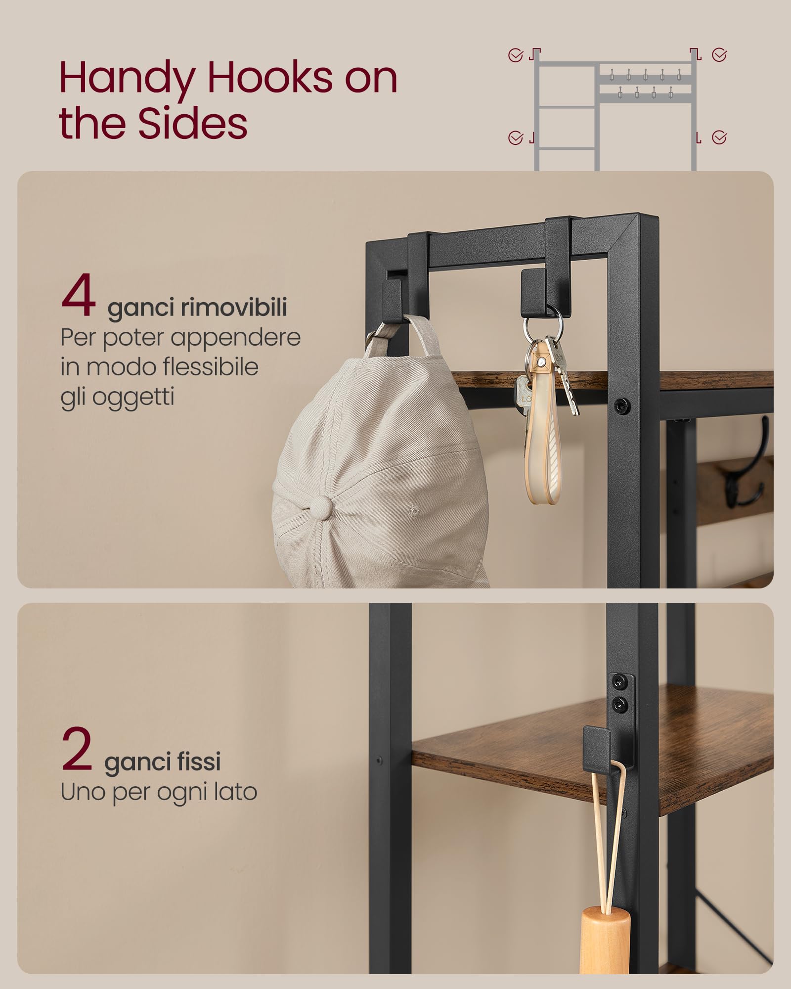 VASAGLE Appendiabiti Ingresso con Panca Scarpiera e 5 Ripiani Portaoggetti, 9 Ganci Attaccapanni e 6 Ganci Laterali, 40 x 120 x 190 cm, Marrone Vintage e Nero Inchiostro HSR426B01