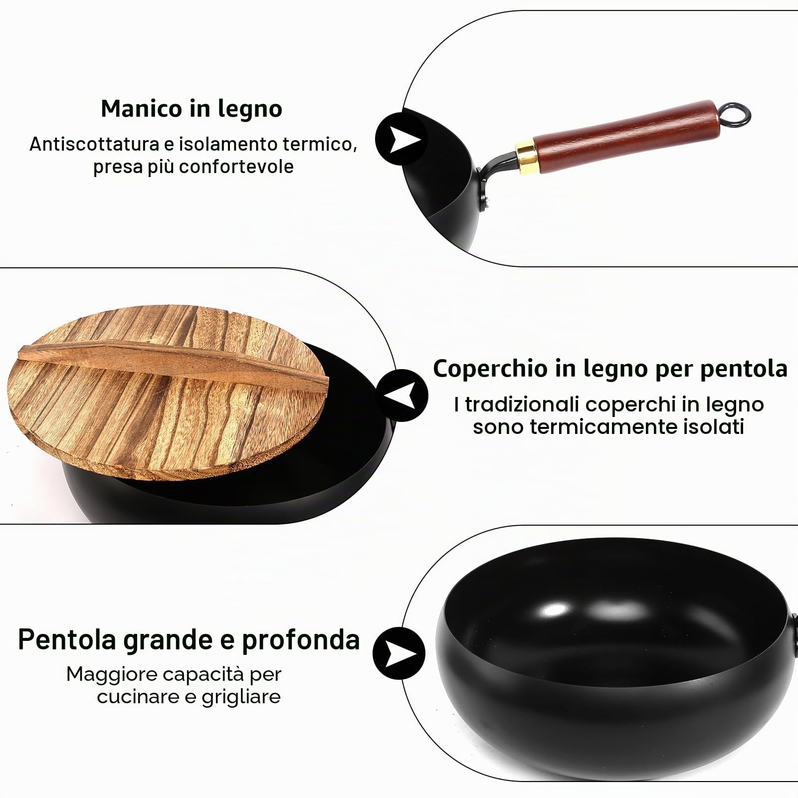 Casseruola in ferro battuto a mano, padella giapponese in ferro battuto con coperchio in legno 28 cm padella in ferro non rivestita antiaderente multiuso per cucina, ristorante o casa