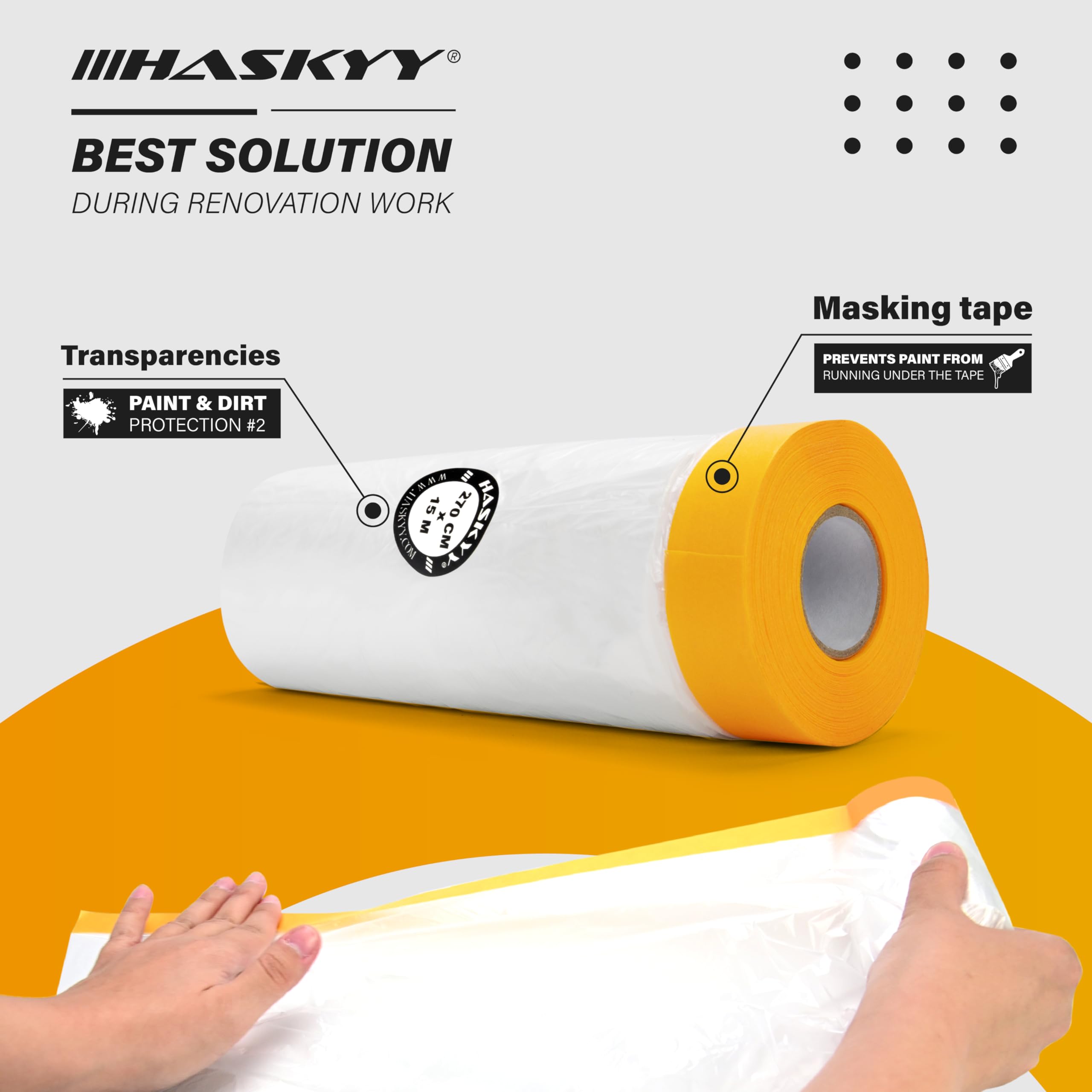 HASKYY Malerkrepp Abdeckfolie Klebeband Lackschutzfolie Malerfolie Kombiniertes Goldband,Innen-und Außenanstriche,UV-Schutz,scharfe Farbkanten,Selbstklebende Malerfolie-Große Auswahl(10, 270cm x 15m)