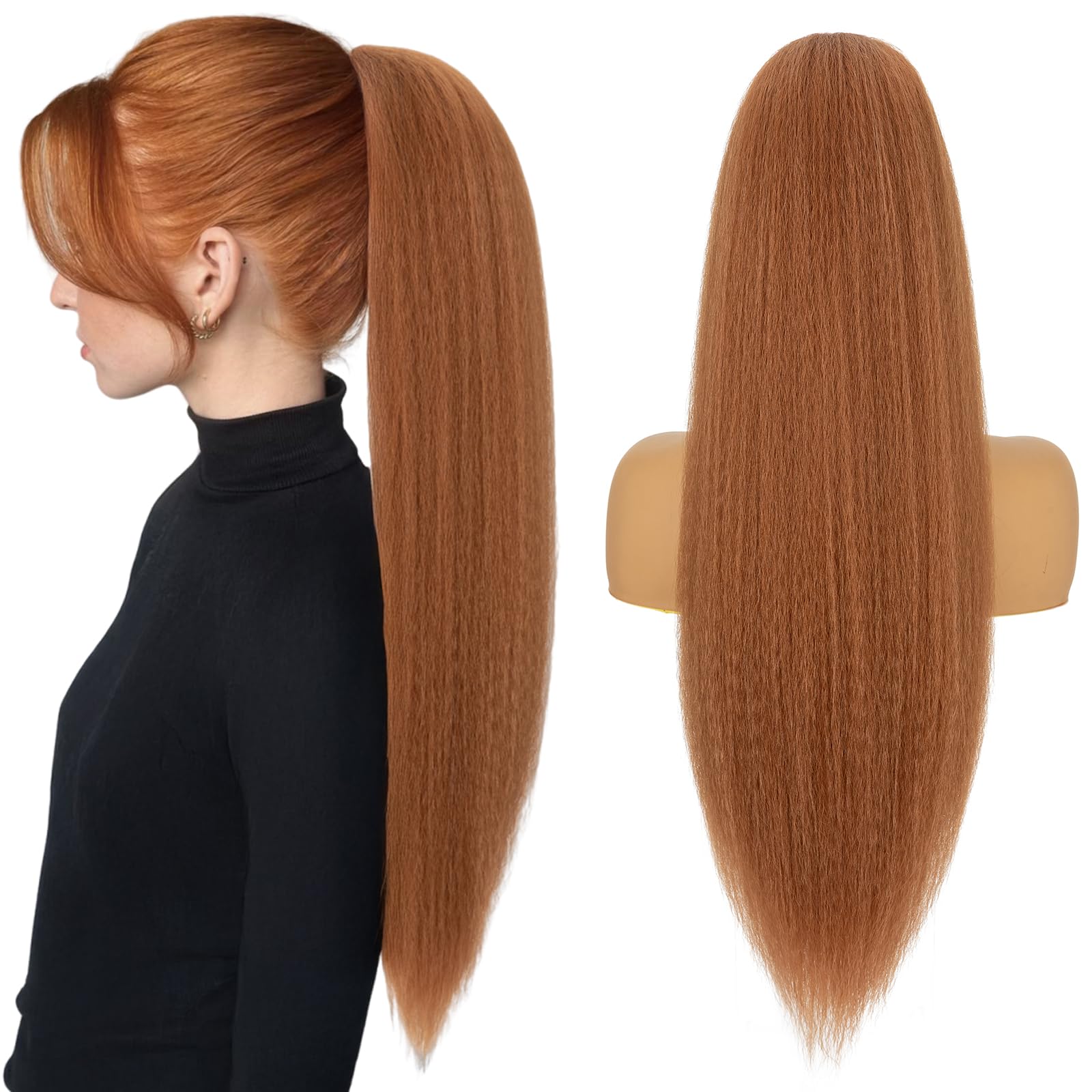 Silk-co Yaki Hair Ponytail Drawstring Ponytail for Black Women Yaki Straight Ponytail Hair Extension Long Thick Pony Tail Clip in Synthetic Hairpiece 24 Inch(60 cm-150g) Light Auburn