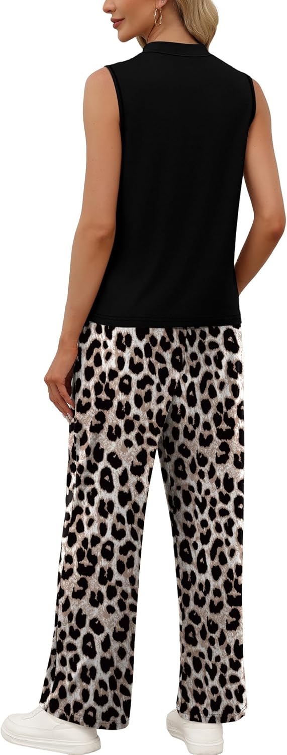 WIHOLL Two Piece Set for Women Summer Spring Outfits Cruise Travel Airport Beach Vacation Mock Neck Wide Leg Pants Set - Image 4