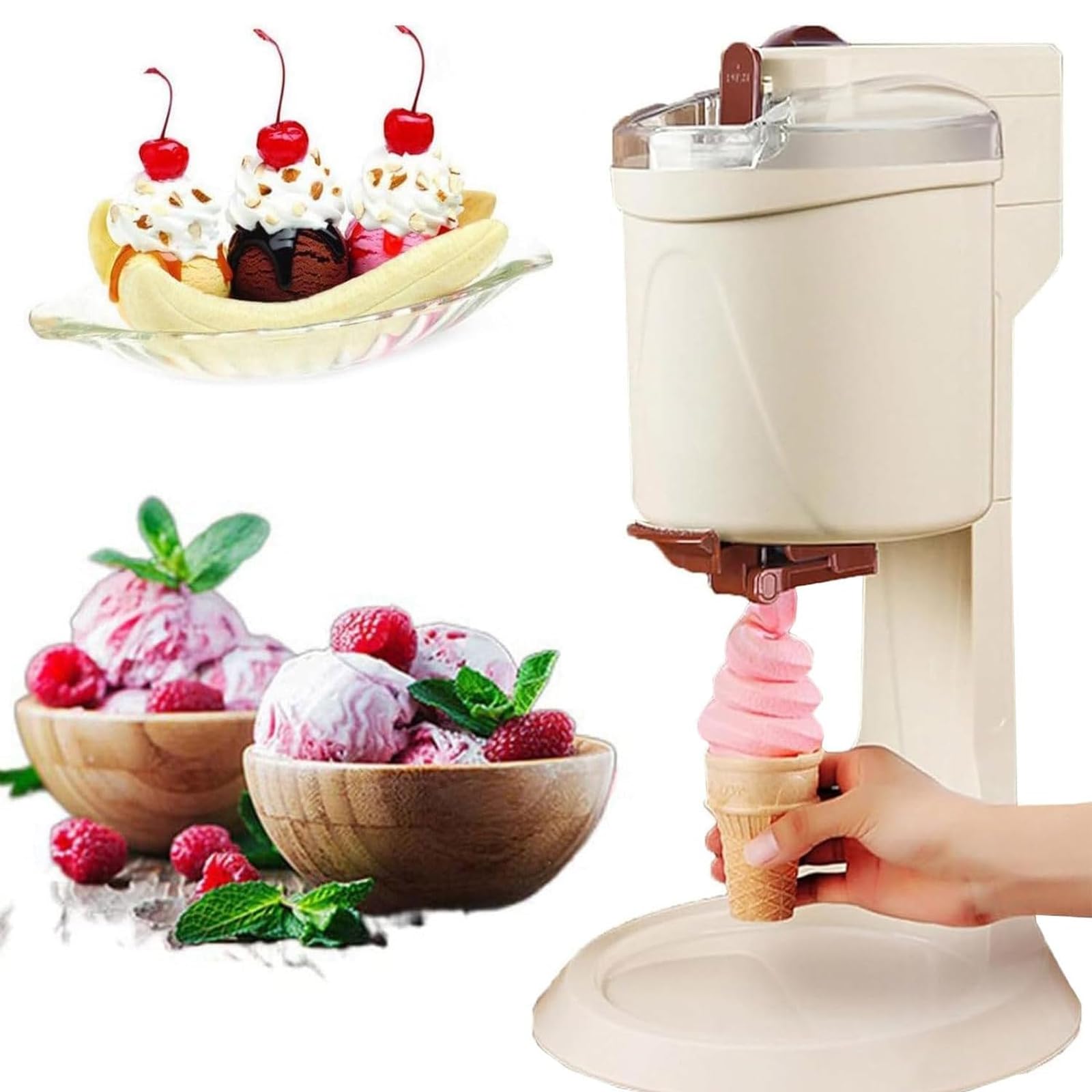 Xjymposium Semi-Automatic 1000ml Household Ice Cream Making Machine, Compressor, Automatic Soft Serve Ice Cream Maker, 1l Large Capacity For Yogurt And Sorbet Beige