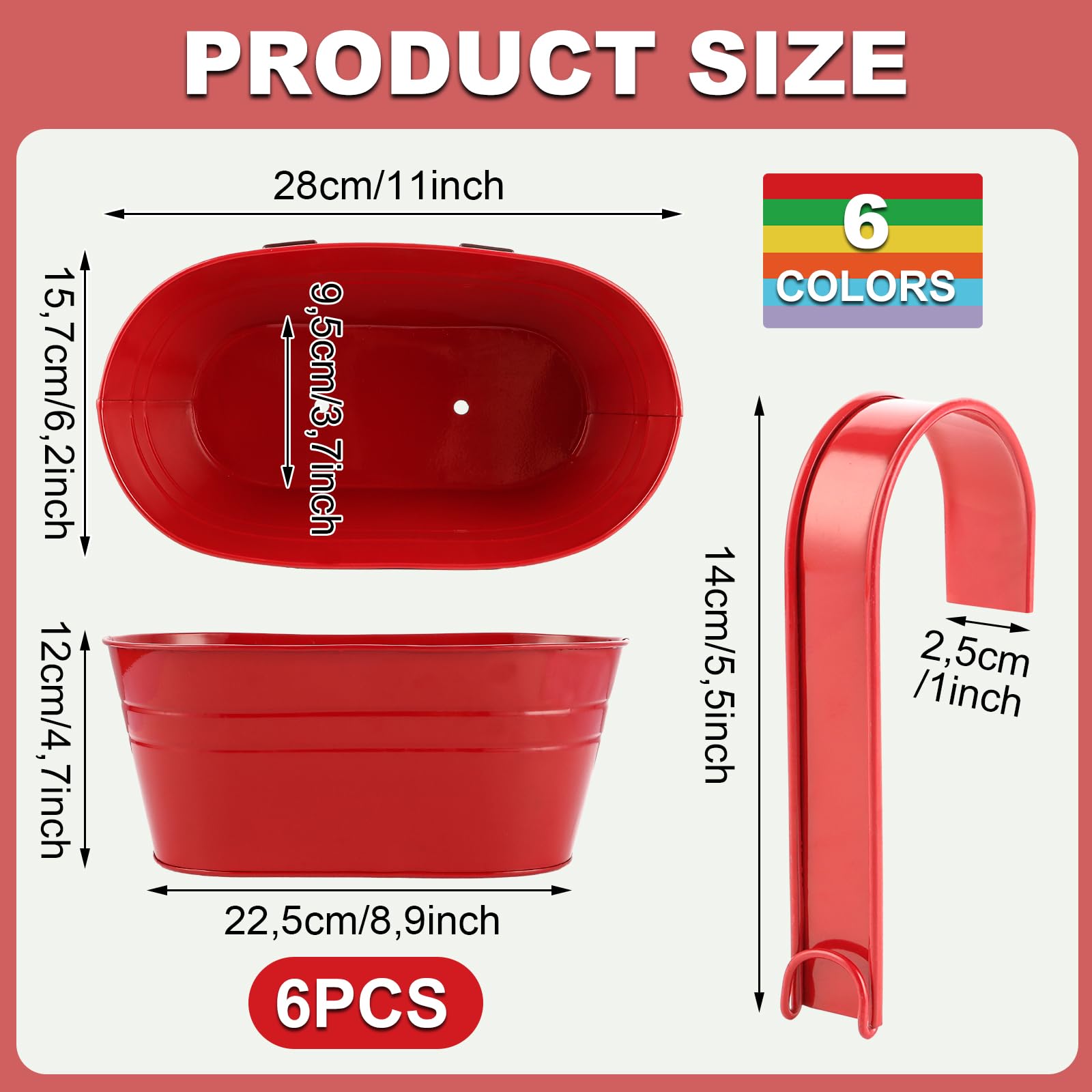 APACALI 6 macetas colgantes de metal, 28 cm, macetas para colgar, con gancho extraíble para balcón, valla, jardín, 6 colores