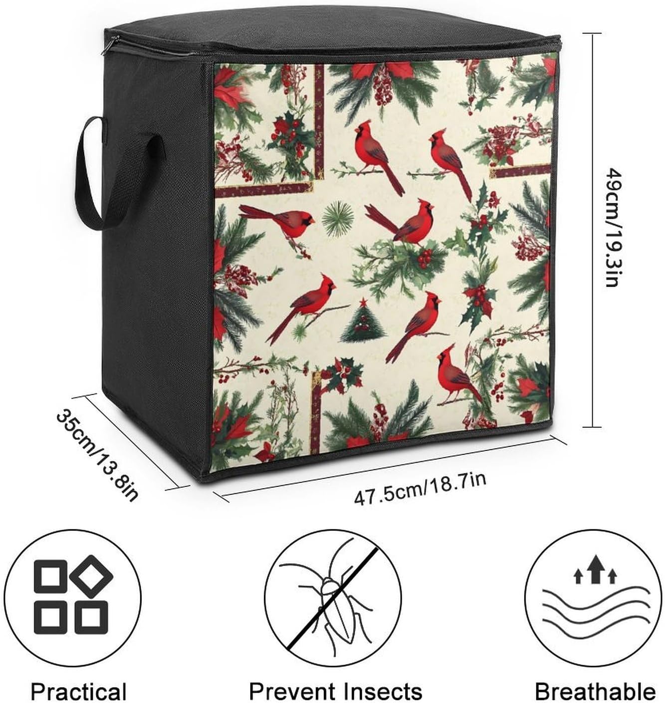 Cardinal Birds Christmas Holly Large Comforter Blanket Storage Bags Bins 70L Closet Organizer with Handles